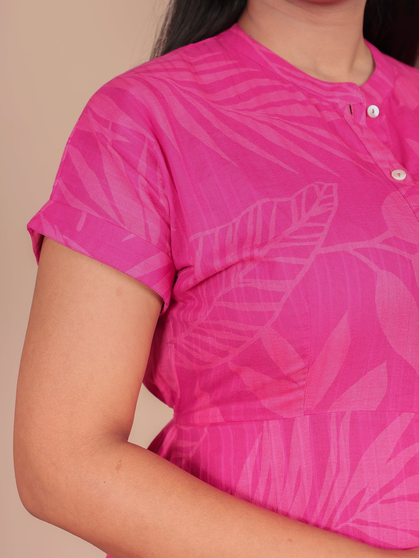 Cotton Dobby Foliage A-line Pink Dress