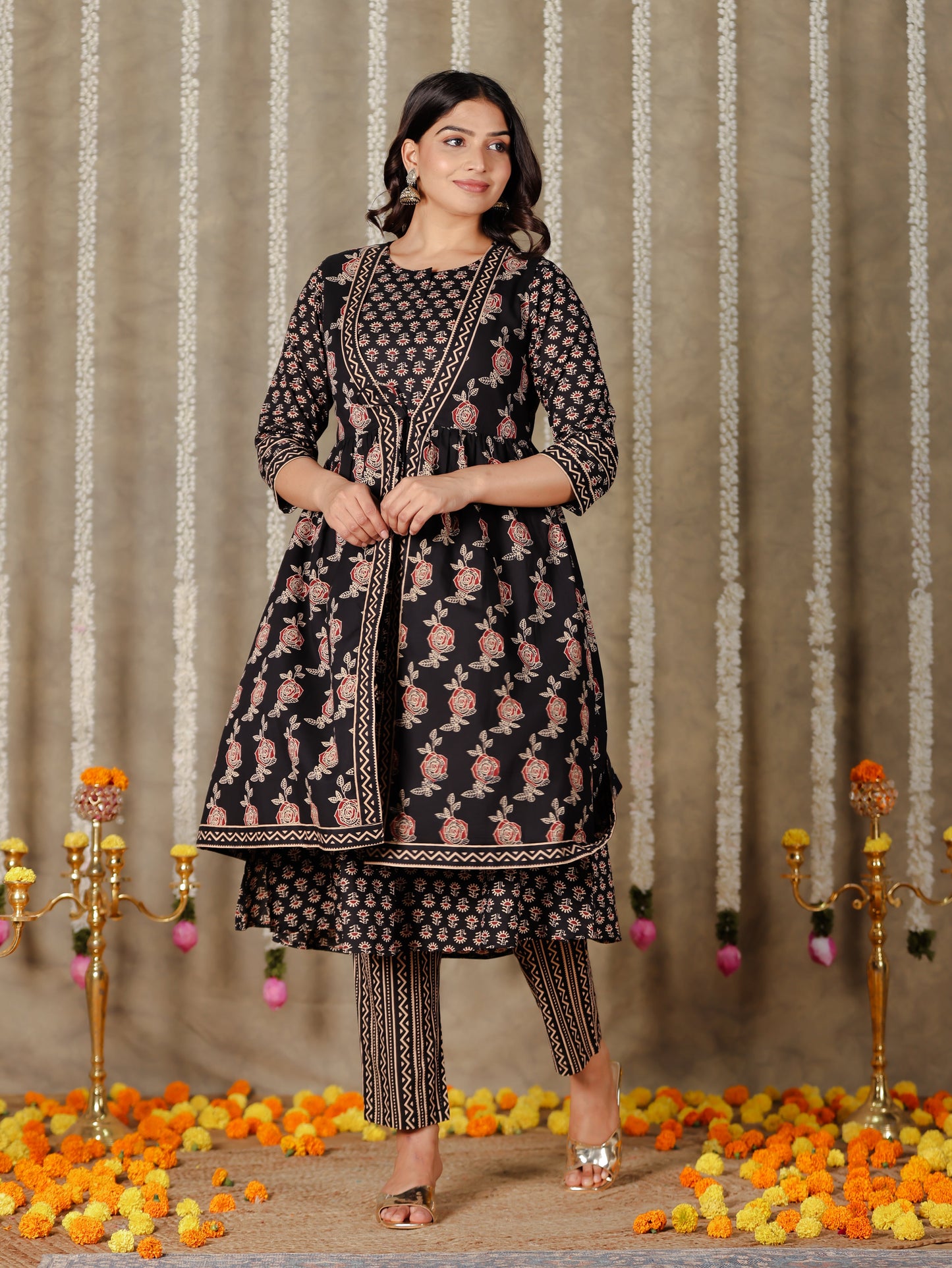 Soft Cotton Ajrakh Flared Black Kurta