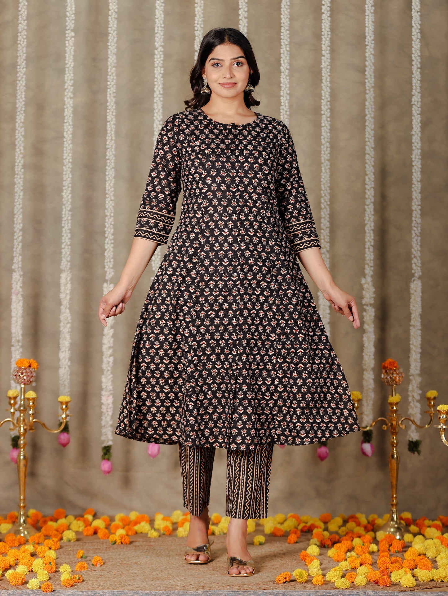 Soft Cotton Ajrakh Flared Black Kurta