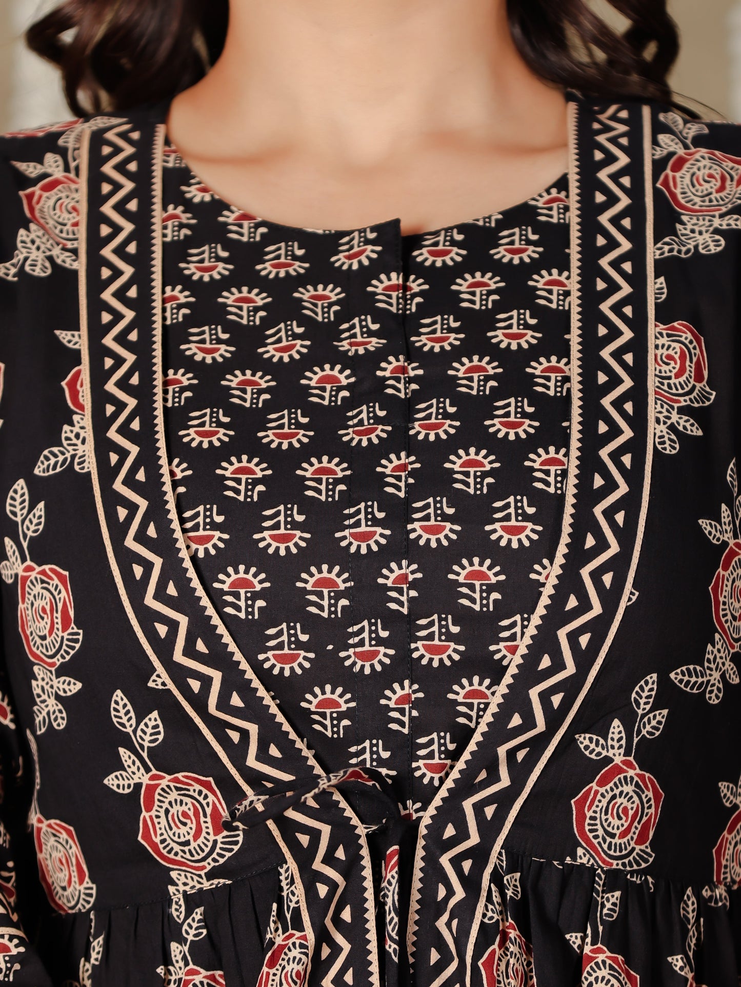 Soft Cotton Ajrakh Flared Black Kurta