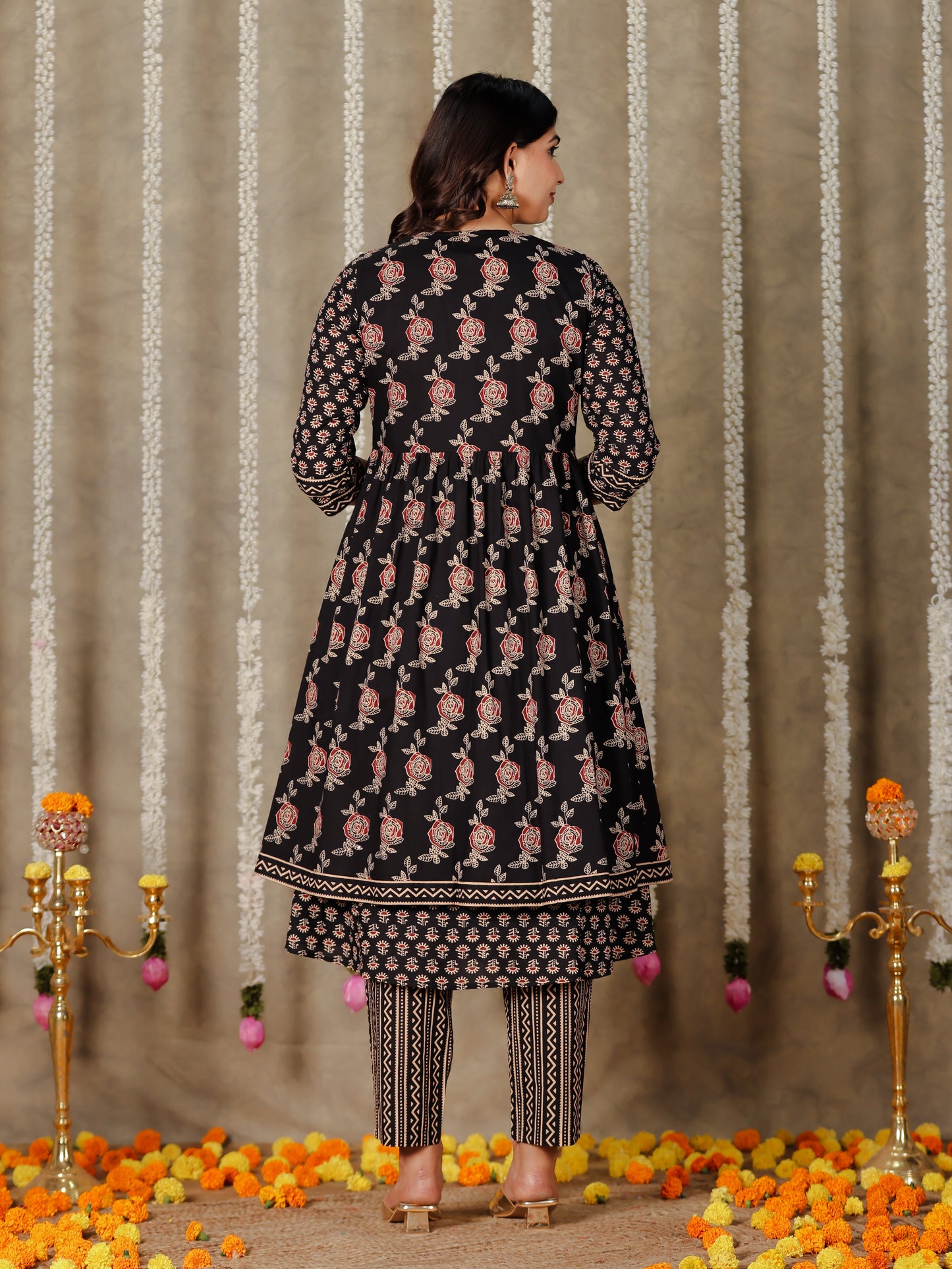 Soft Cotton Ajrakh Flared Black Kurta