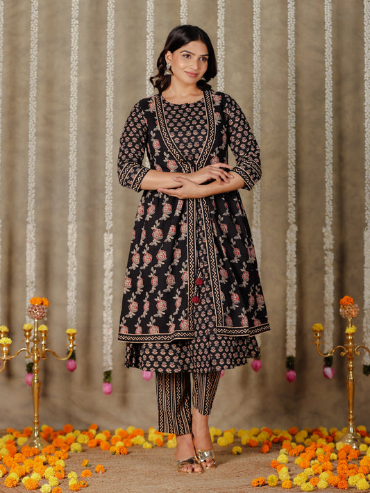 Soft Cotton Ajrakh Flared Black Kurta