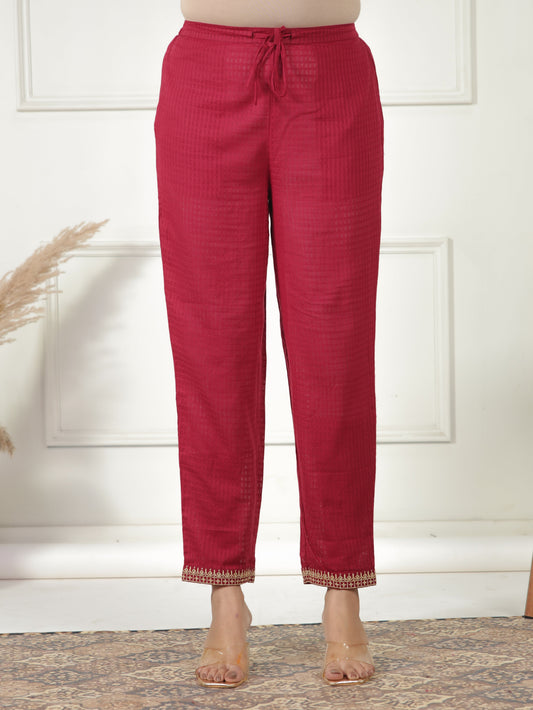 Embroidered Cotton Dobby Solid Maroon Tapered Trousers