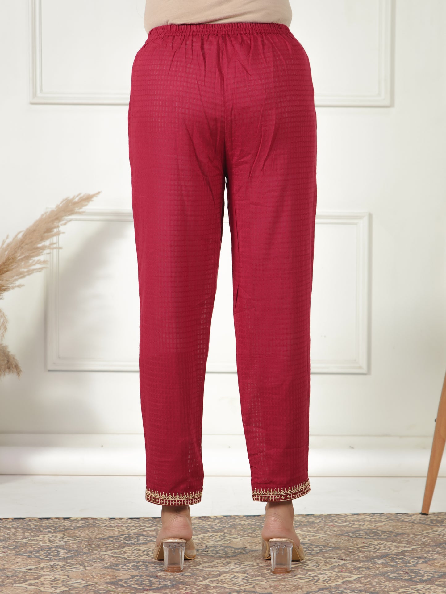 Embroidered Cotton Dobby Solid Maroon Tapered Trousers