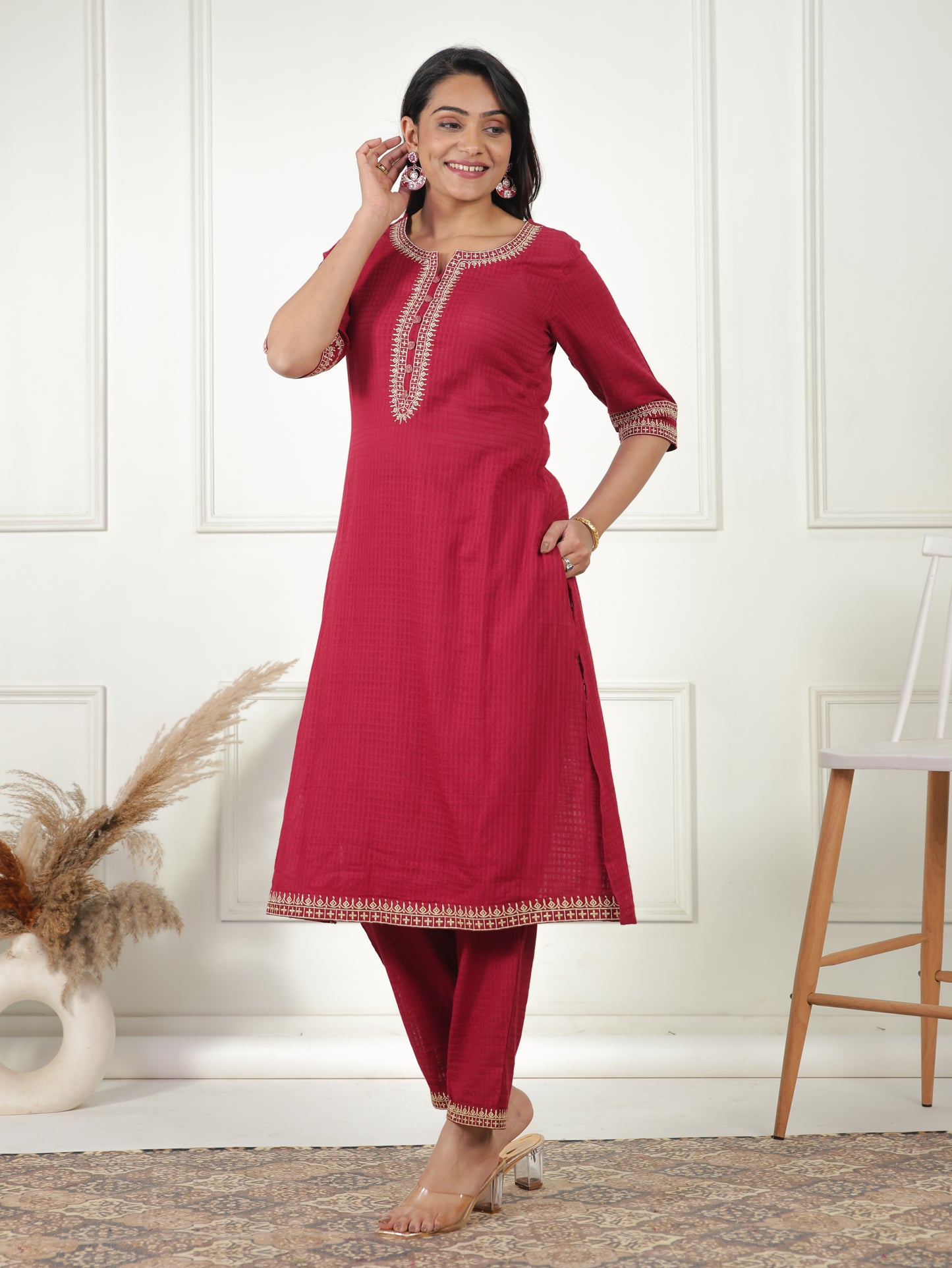Cotton Dobby Solid A-line Maroon Kurta
