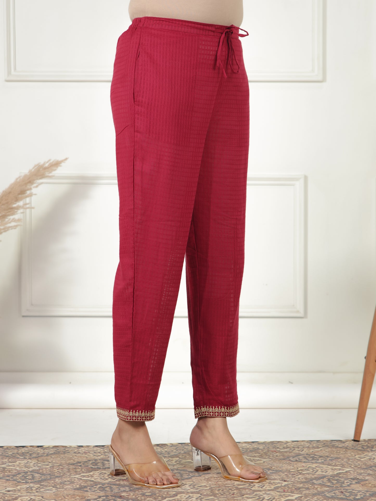 Cotton Dobby Solid A-line Maroon Kurta