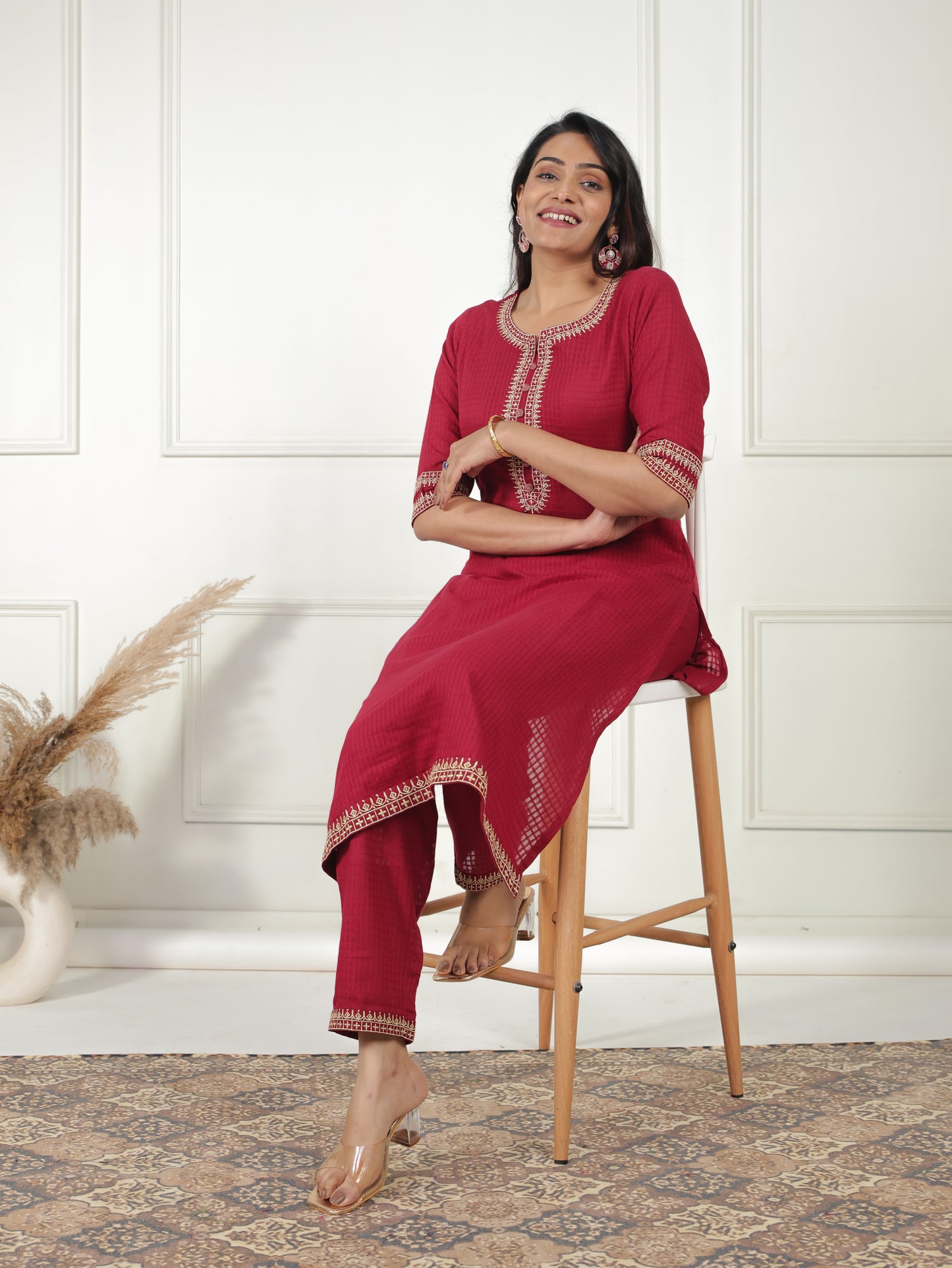 Cotton Dobby Solid A-line Maroon Kurta