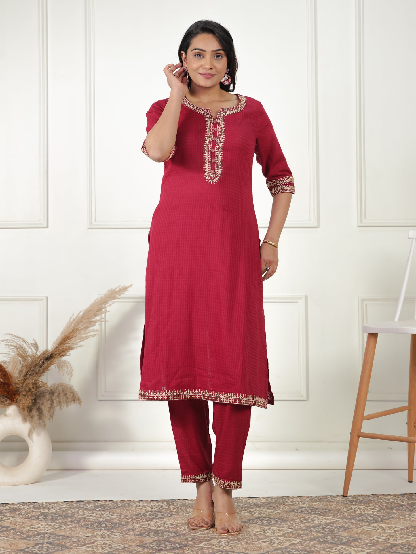 Cotton Dobby Solid A-line Maroon Kurta