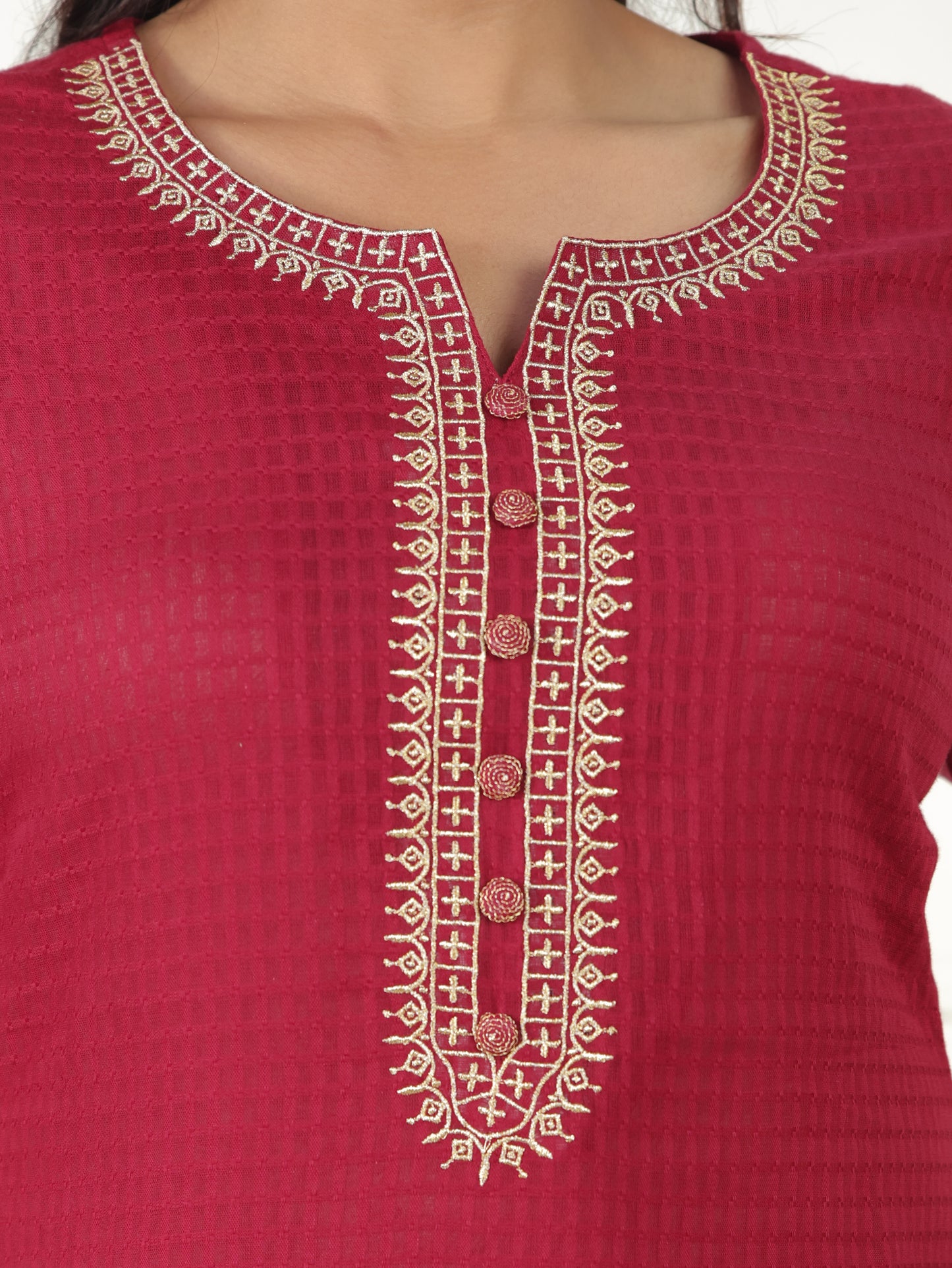 Cotton Dobby Solid A-line Maroon Kurta