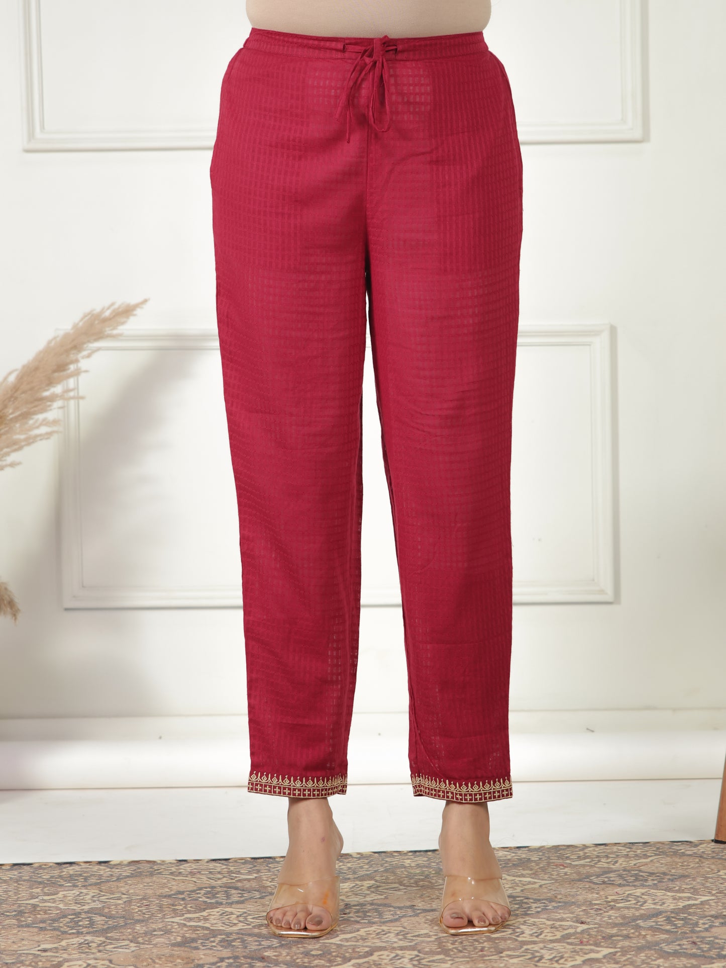 Cotton Dobby Solid A-line Maroon Kurta