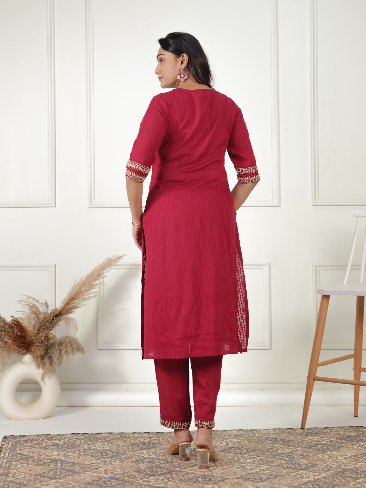 Cotton Dobby Solid A-line Maroon Kurta