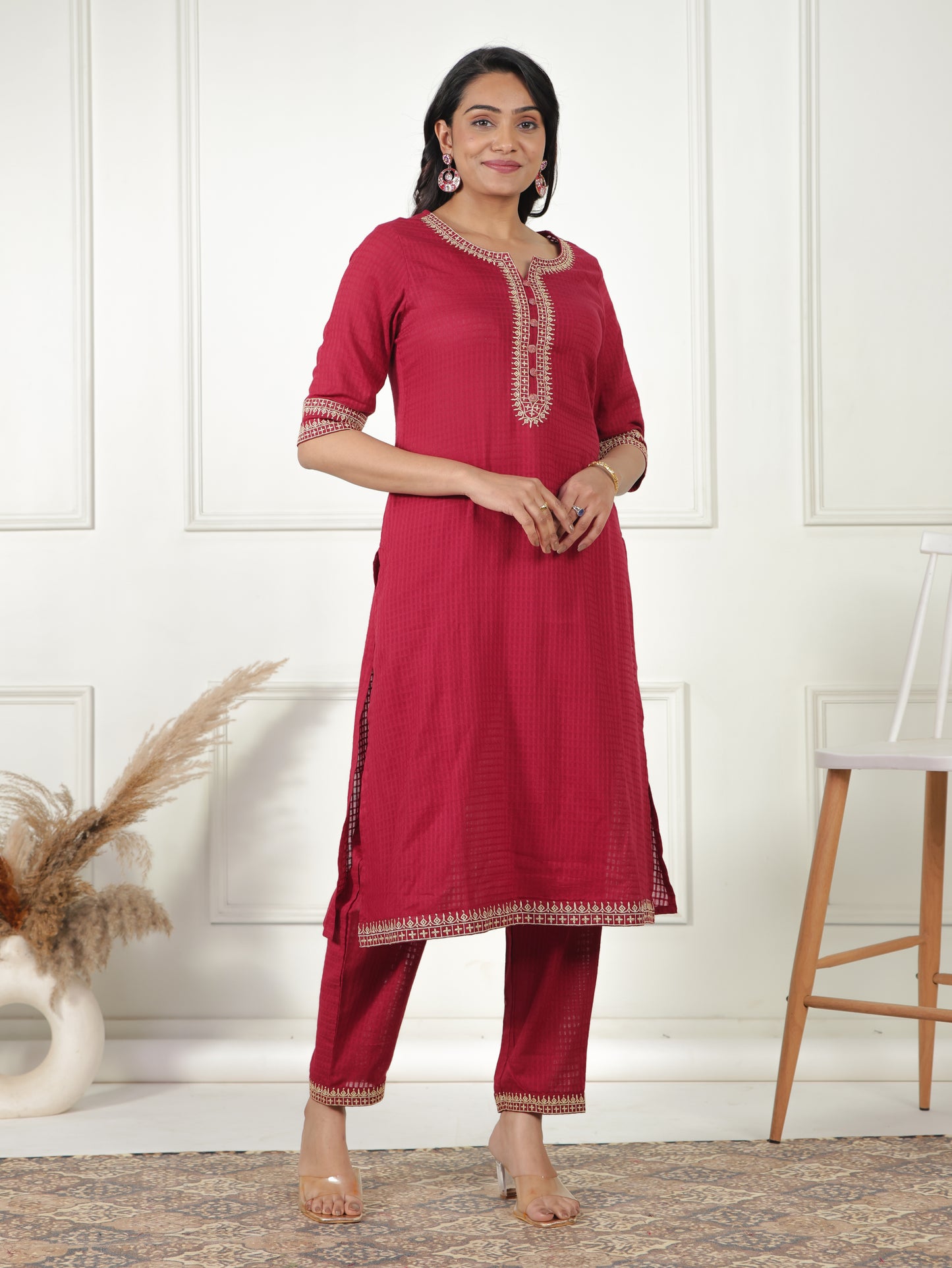 Cotton Dobby Solid A-line Maroon Kurta