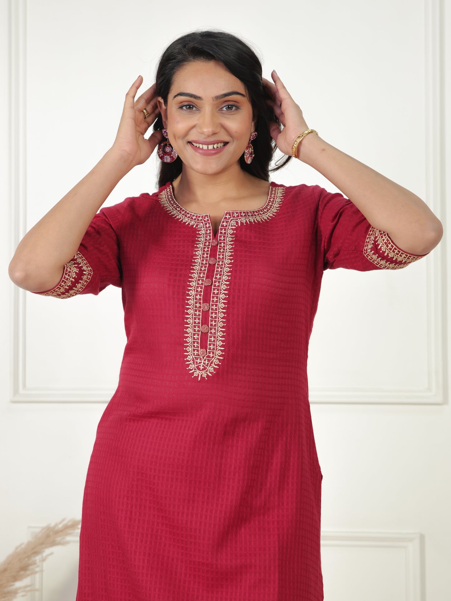 Cotton Dobby Solid A-line Maroon Kurta