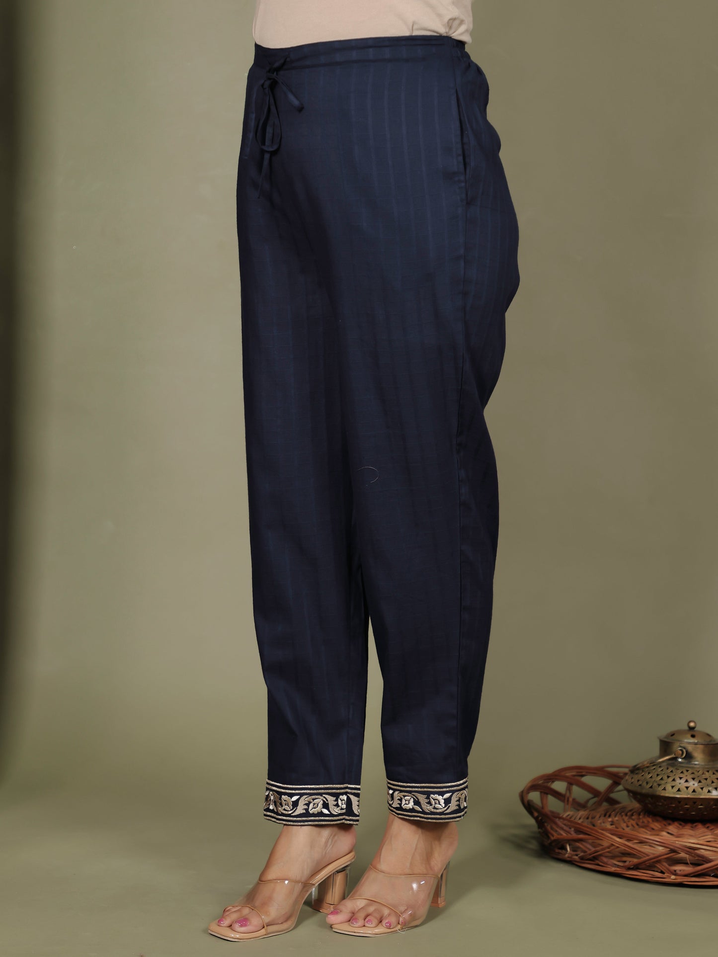 Embroidered Cotton Dobby Solid Straight Navy Blue Kurta