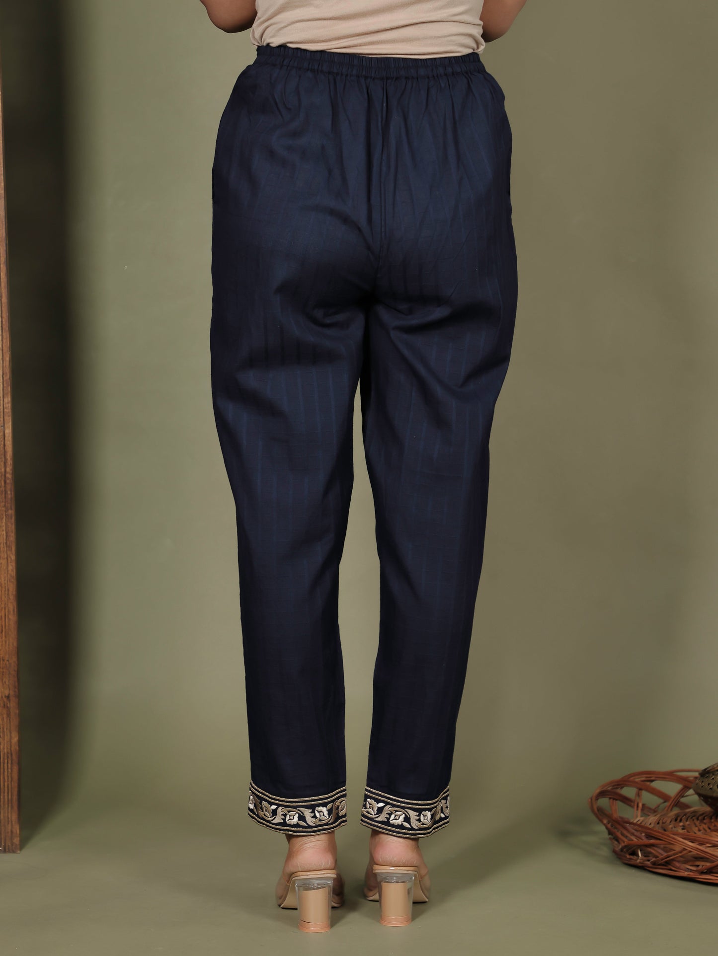 Embroidered Cotton Dobby Solid Straight Navy Blue Kurta