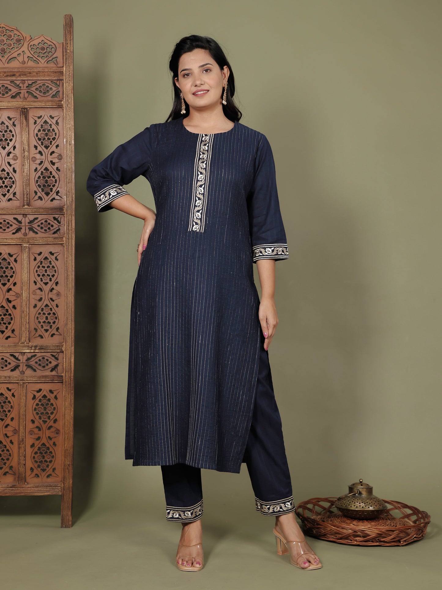 Embroidered Cotton Dobby Solid Straight Navy Blue Kurta