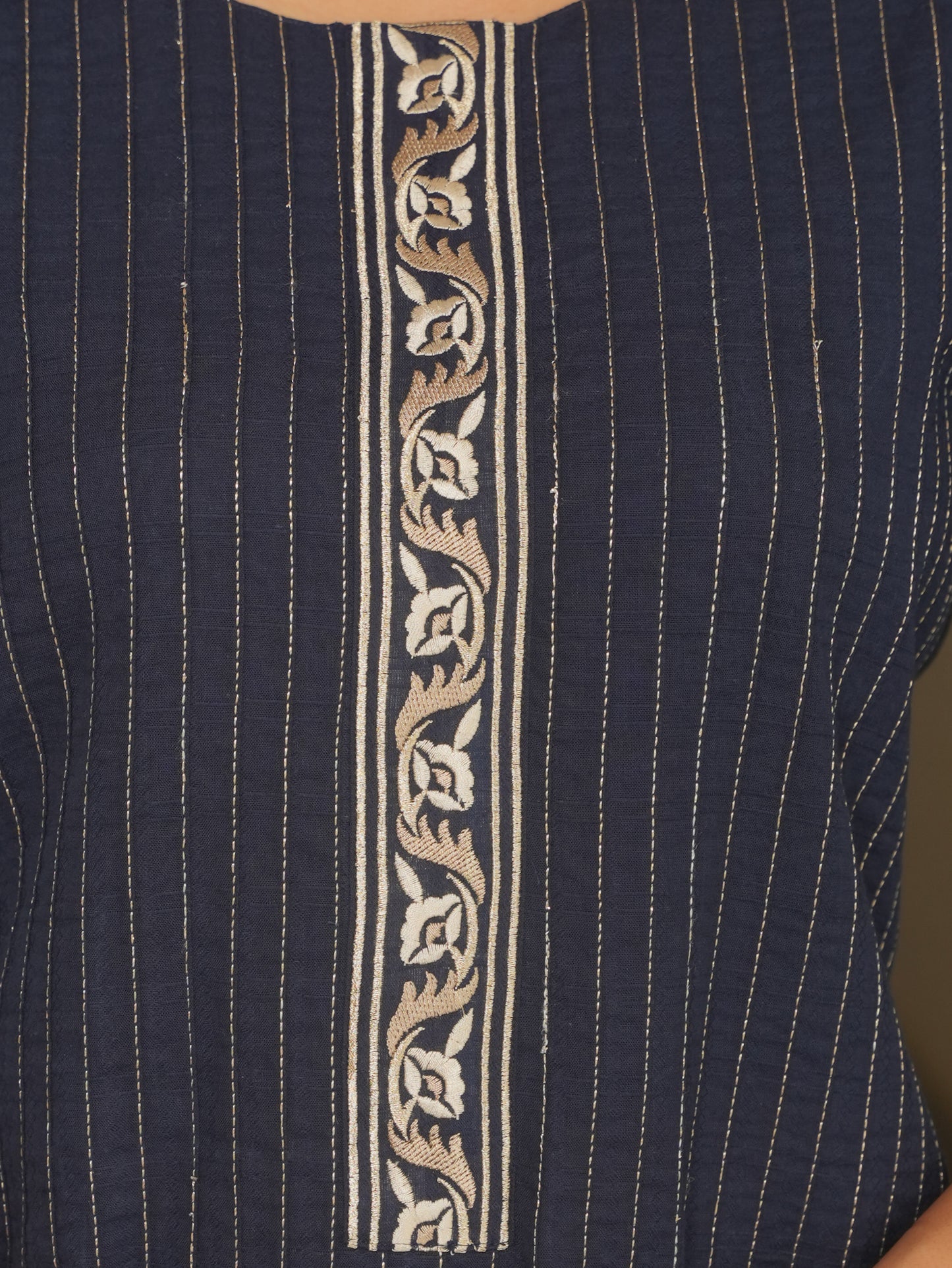 Embroidered Cotton Dobby Solid Straight Navy Blue Kurta