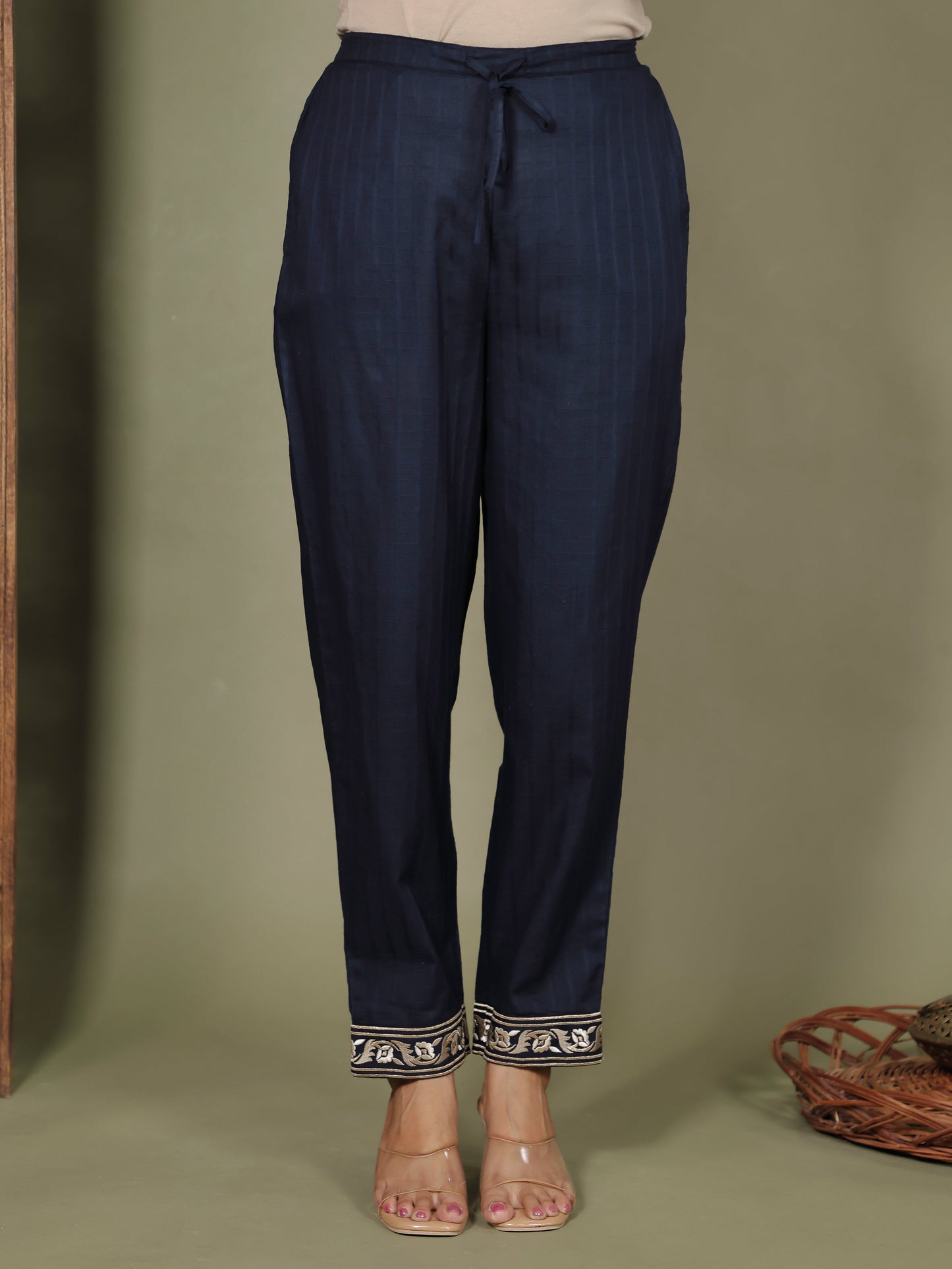 Embroidered Cotton Dobby Solid Straight Navy Blue Kurta