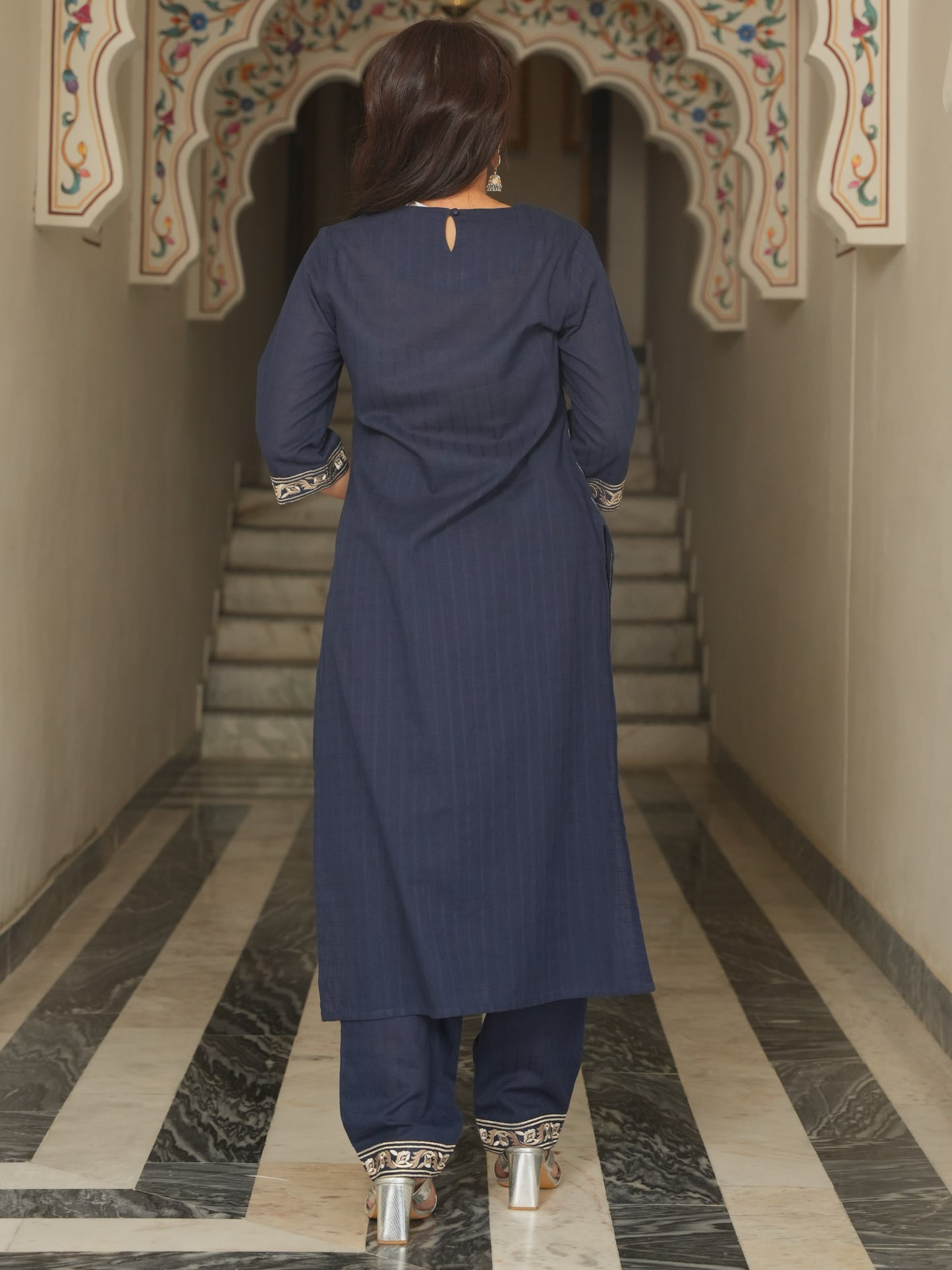 Embroidered Cotton Dobby Solid Straight Navy Blue Kurta
