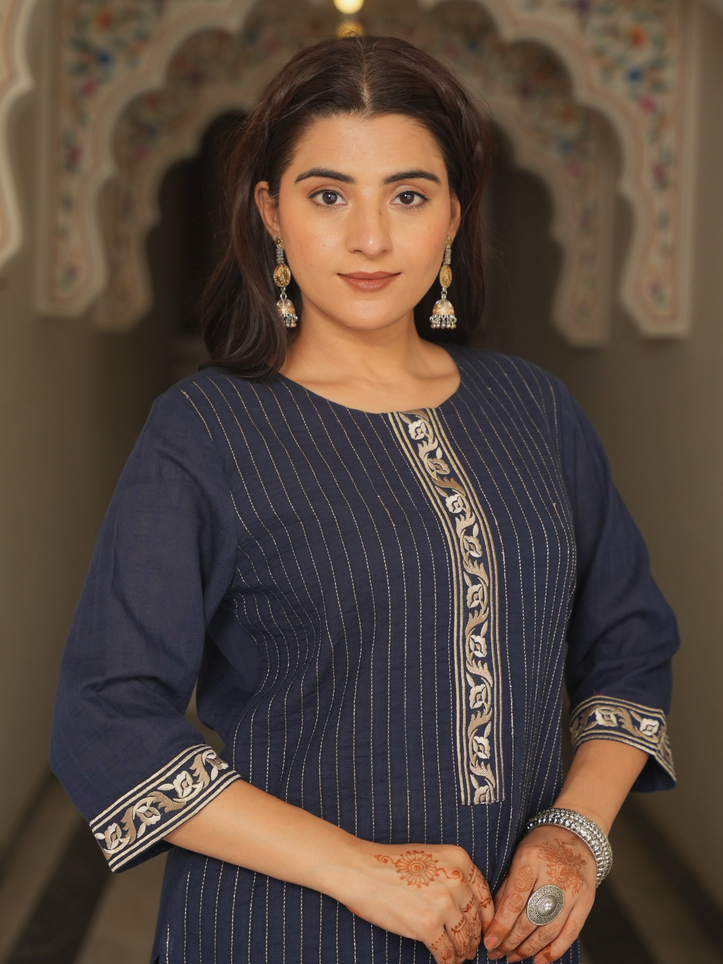 Embroidered Cotton Dobby Solid Straight Navy Blue Kurta