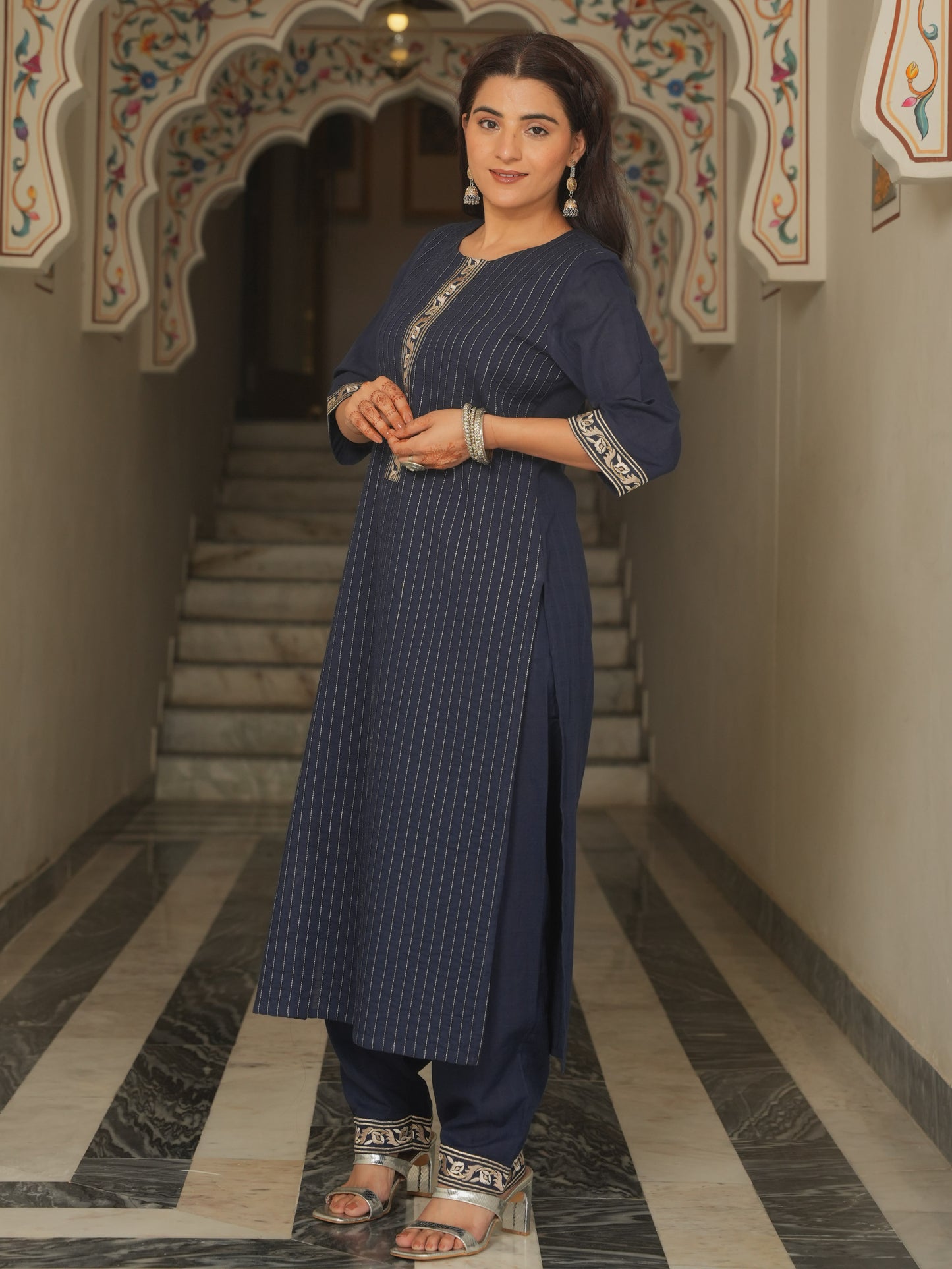 Embroidered Cotton Dobby Solid Straight Navy Blue Kurta