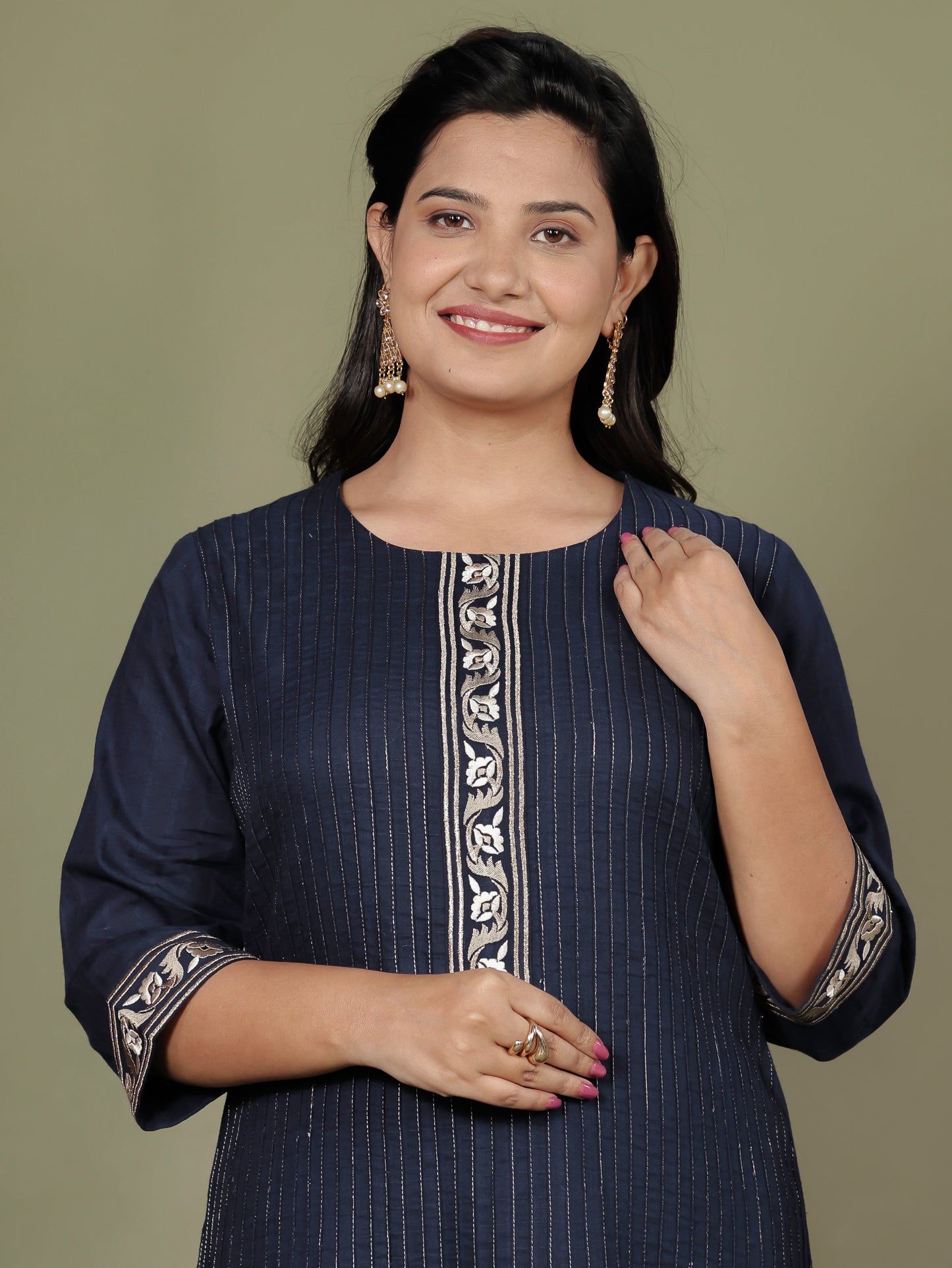 Embroidered Cotton Dobby Solid Straight Navy Blue Kurta