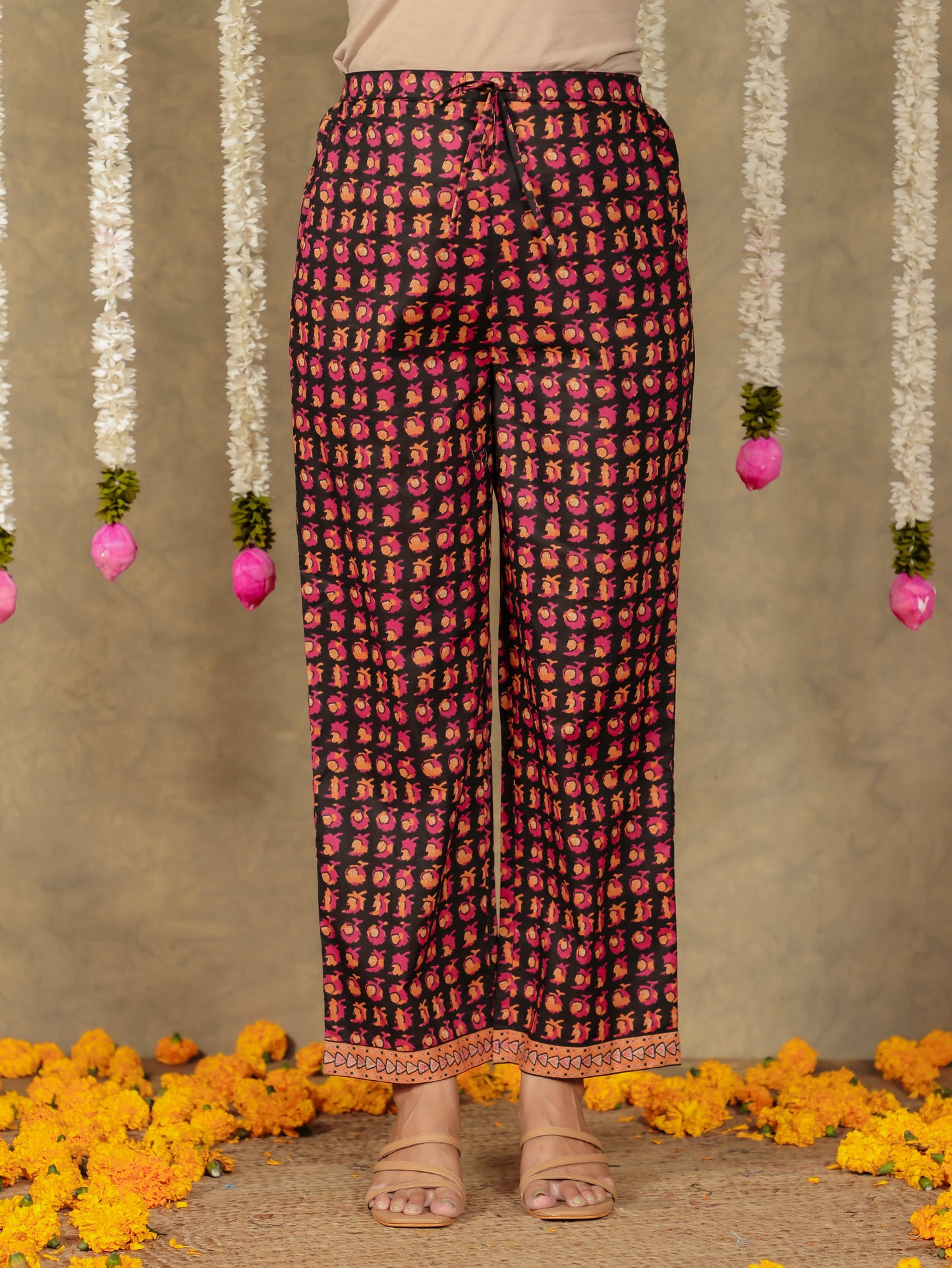 Soft Cotton Floral Black Straight Trousers
