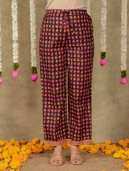 Soft Cotton Floral Black Straight Trousers