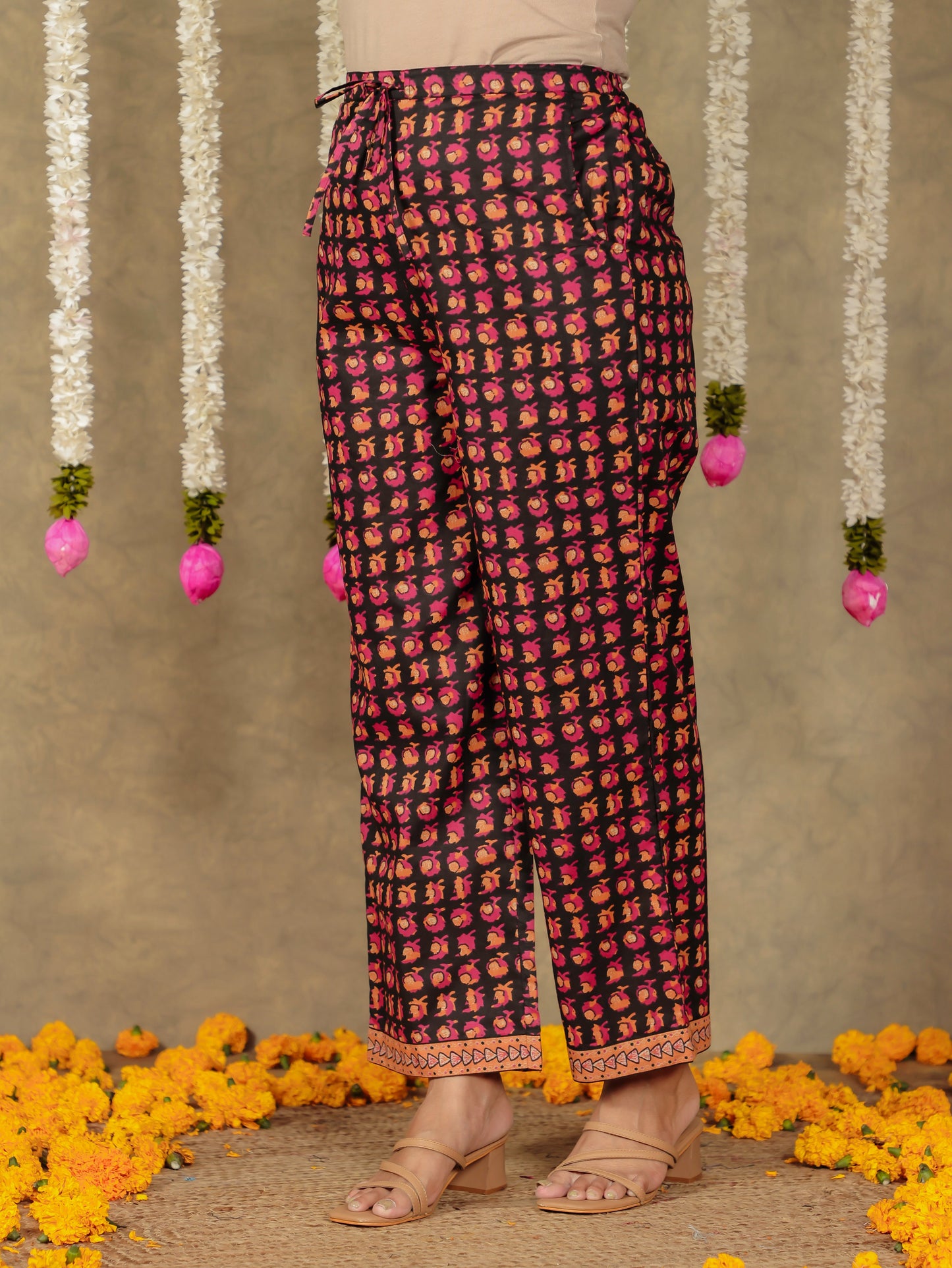 Soft Cotton Floral Black Straight Trousers