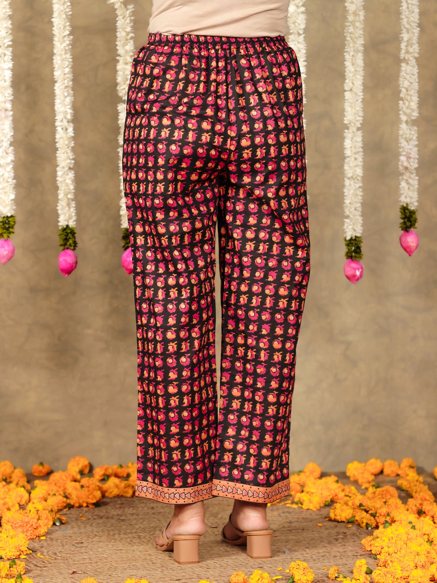 Soft Cotton Floral Black Straight Trousers