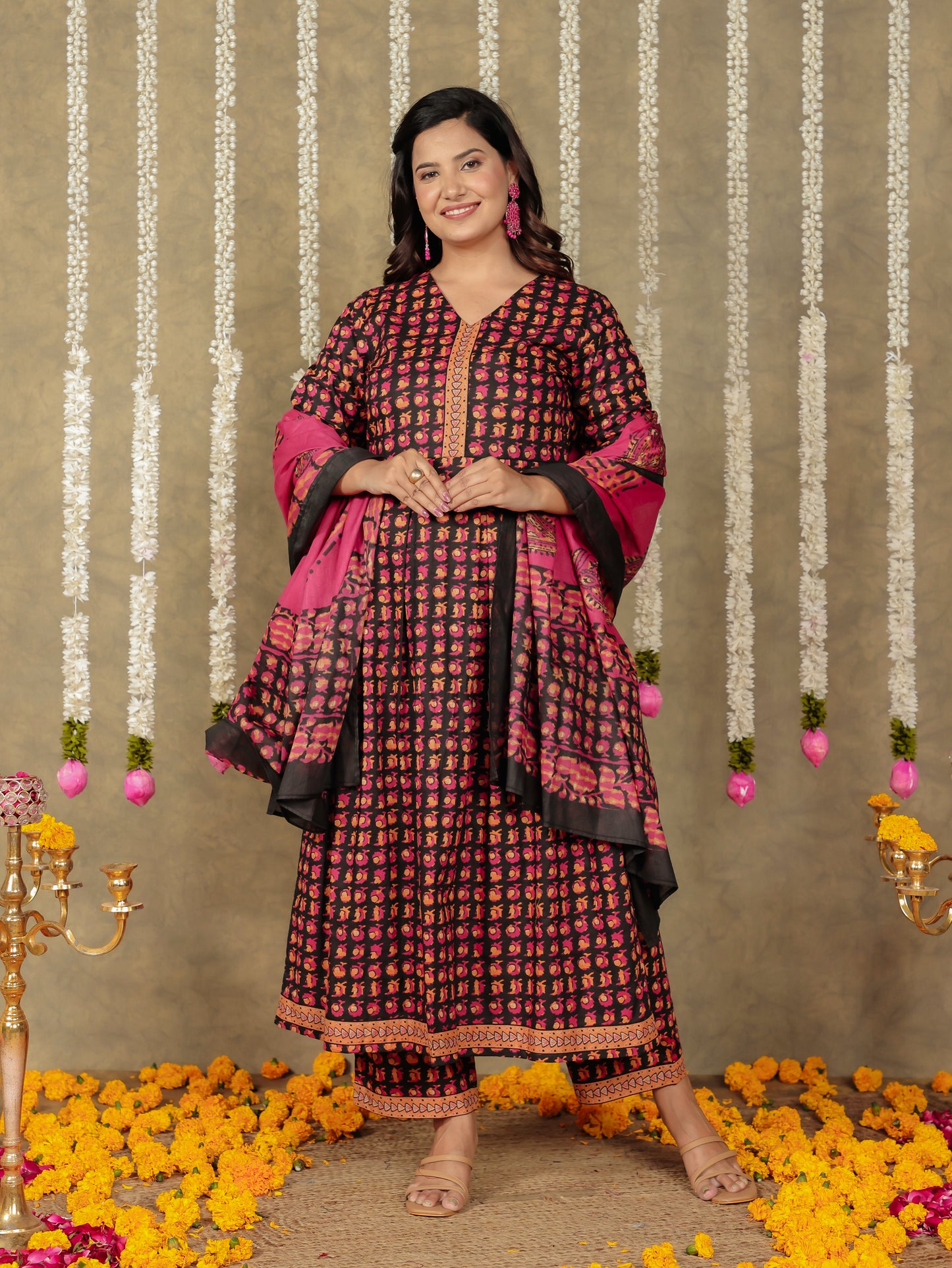 Embroidered Soft Cotton Block A-line Black Kurta