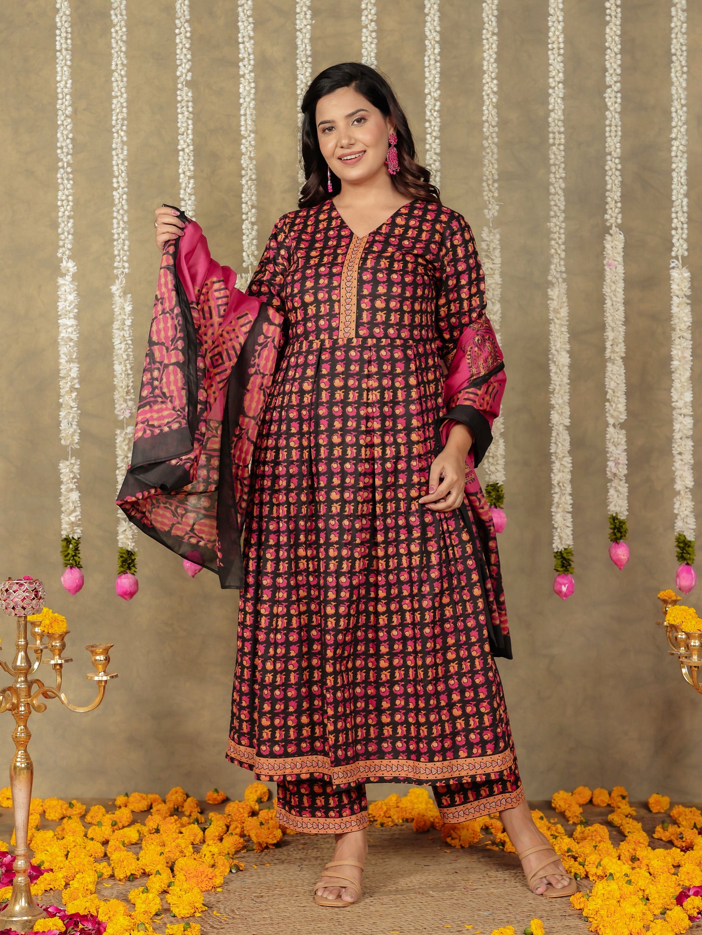 Embroidered Soft Cotton Block A-line Black Kurta