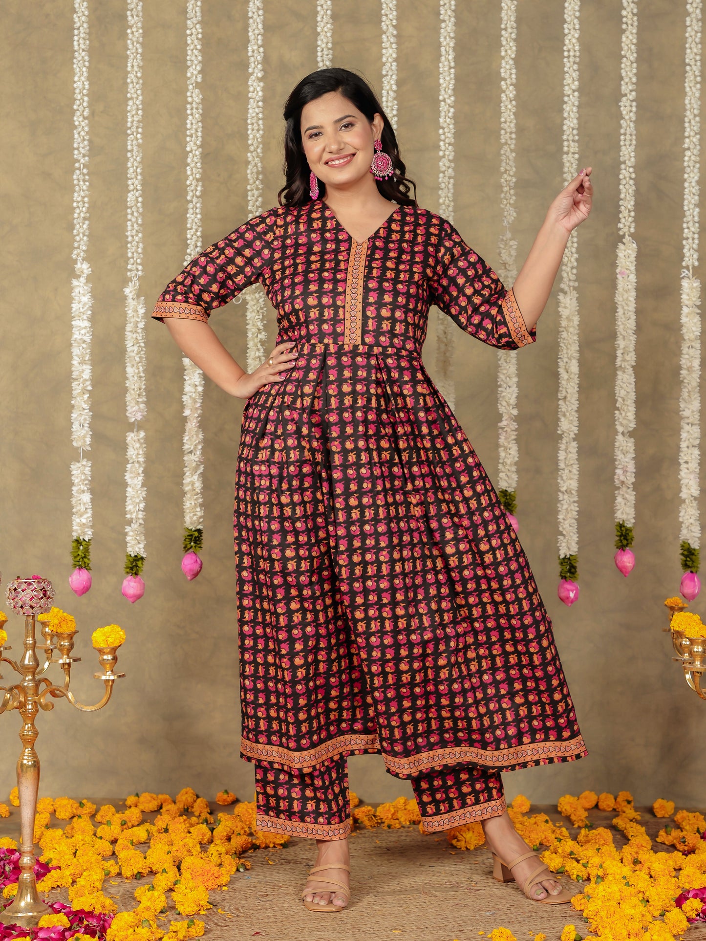 Embroidered Soft Cotton Block A-line Black Kurta