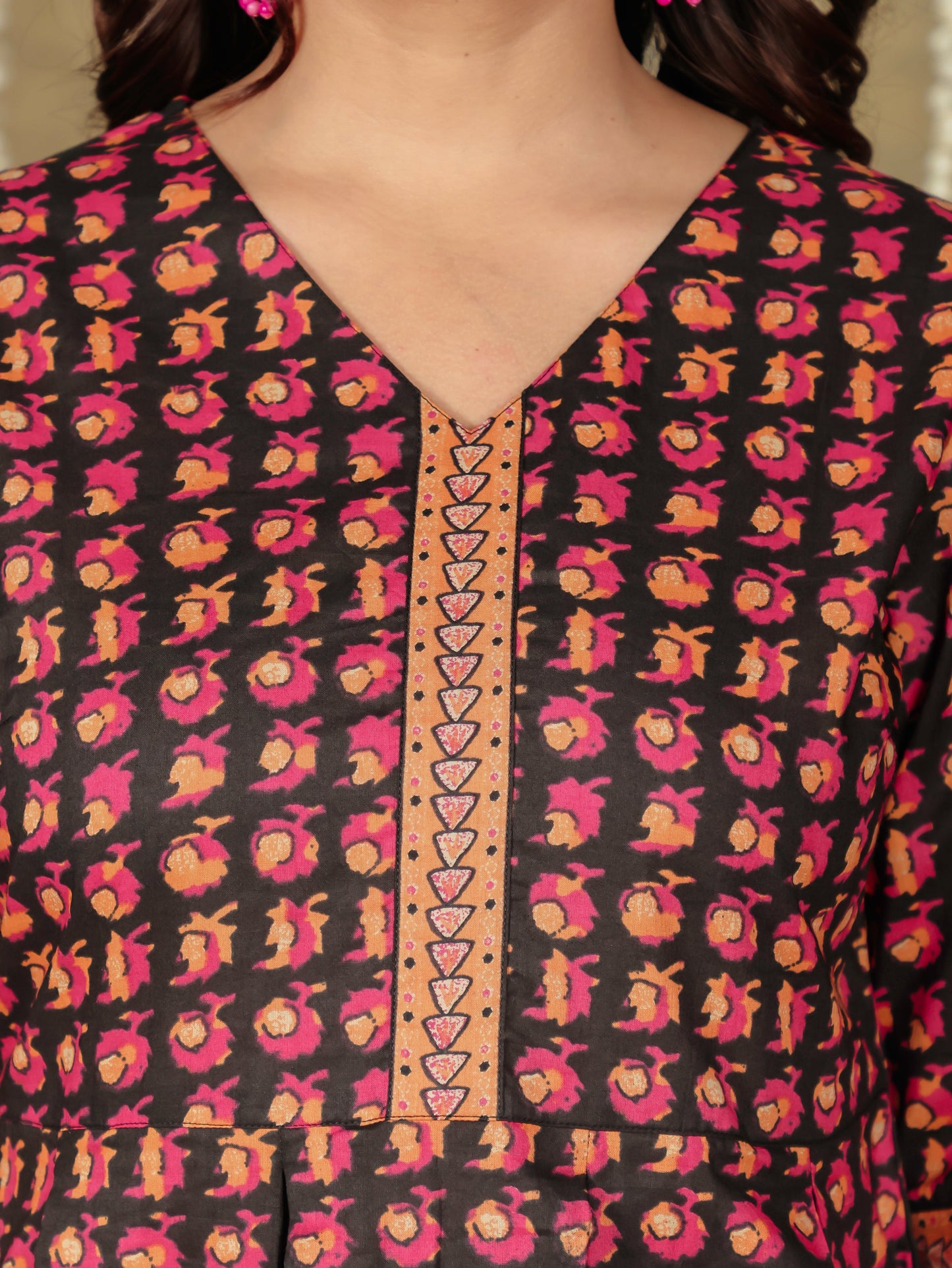 Embroidered Soft Cotton Block A-line Black Kurta