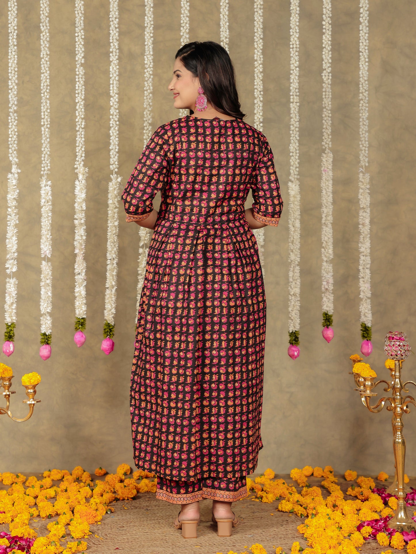 Embroidered Soft Cotton Block A-line Black Kurta