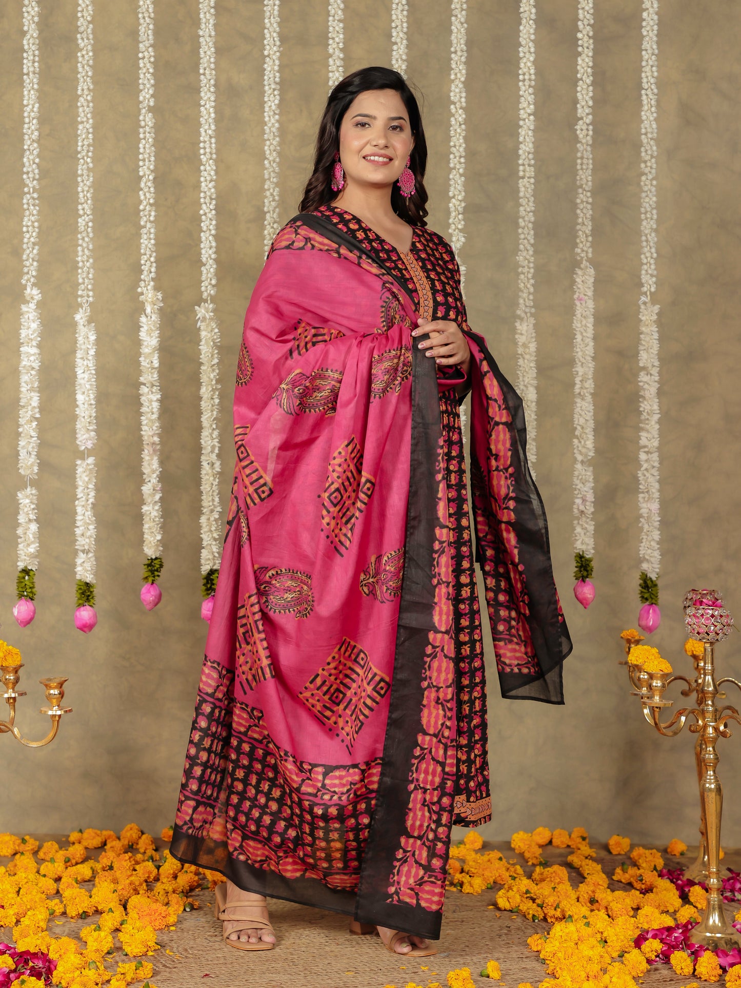 Embroidered Soft Cotton Block A-line Black Kurta
