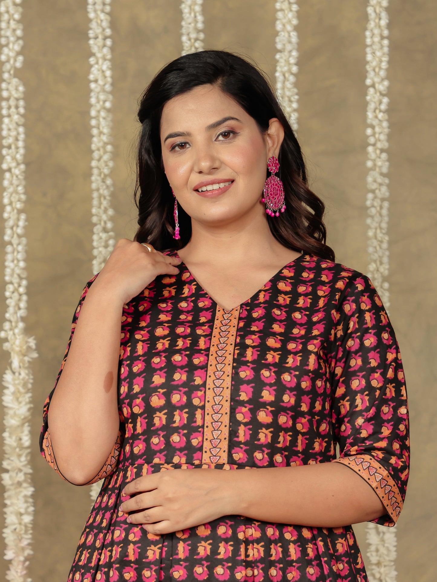 Embroidered Soft Cotton Block A-line Black Kurta