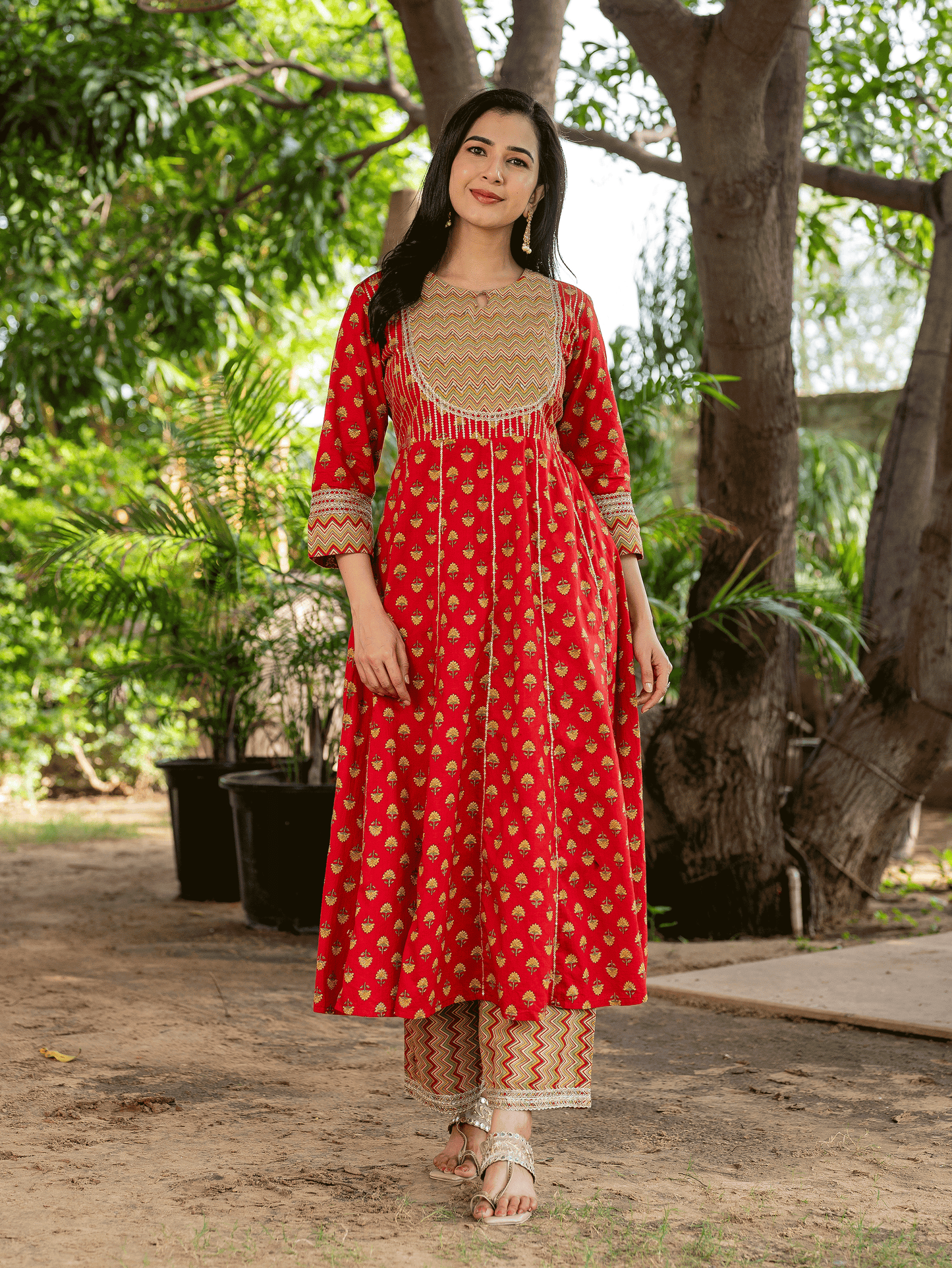 Embroidered Soft Cotton Butti Anarkali Red Kurta