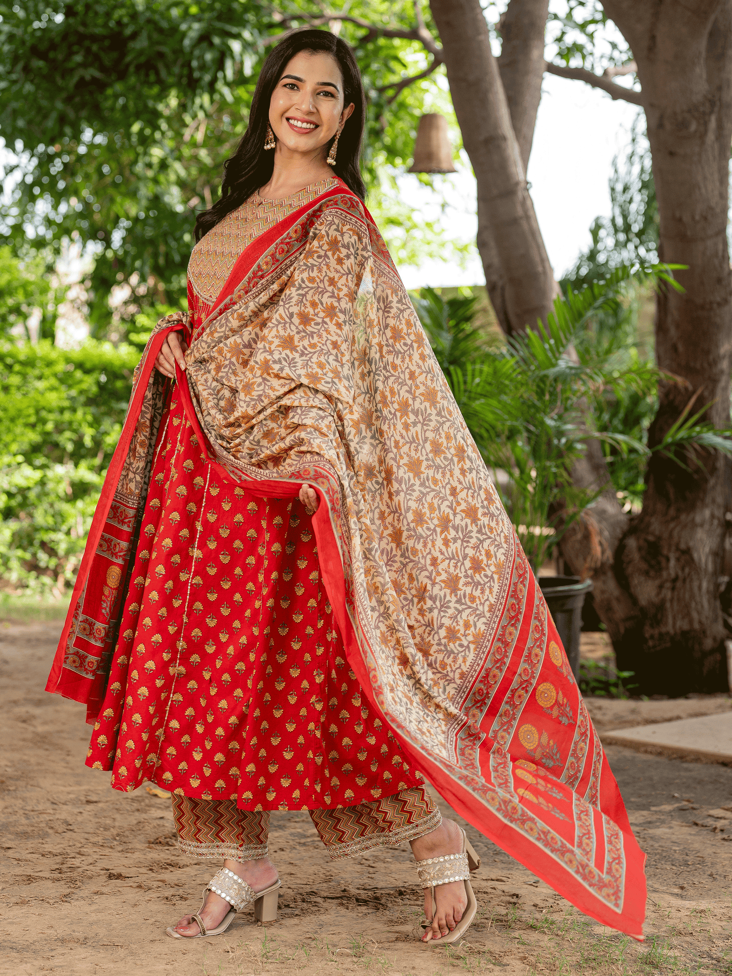 Embroidered Soft Cotton Butti Anarkali Red Kurta