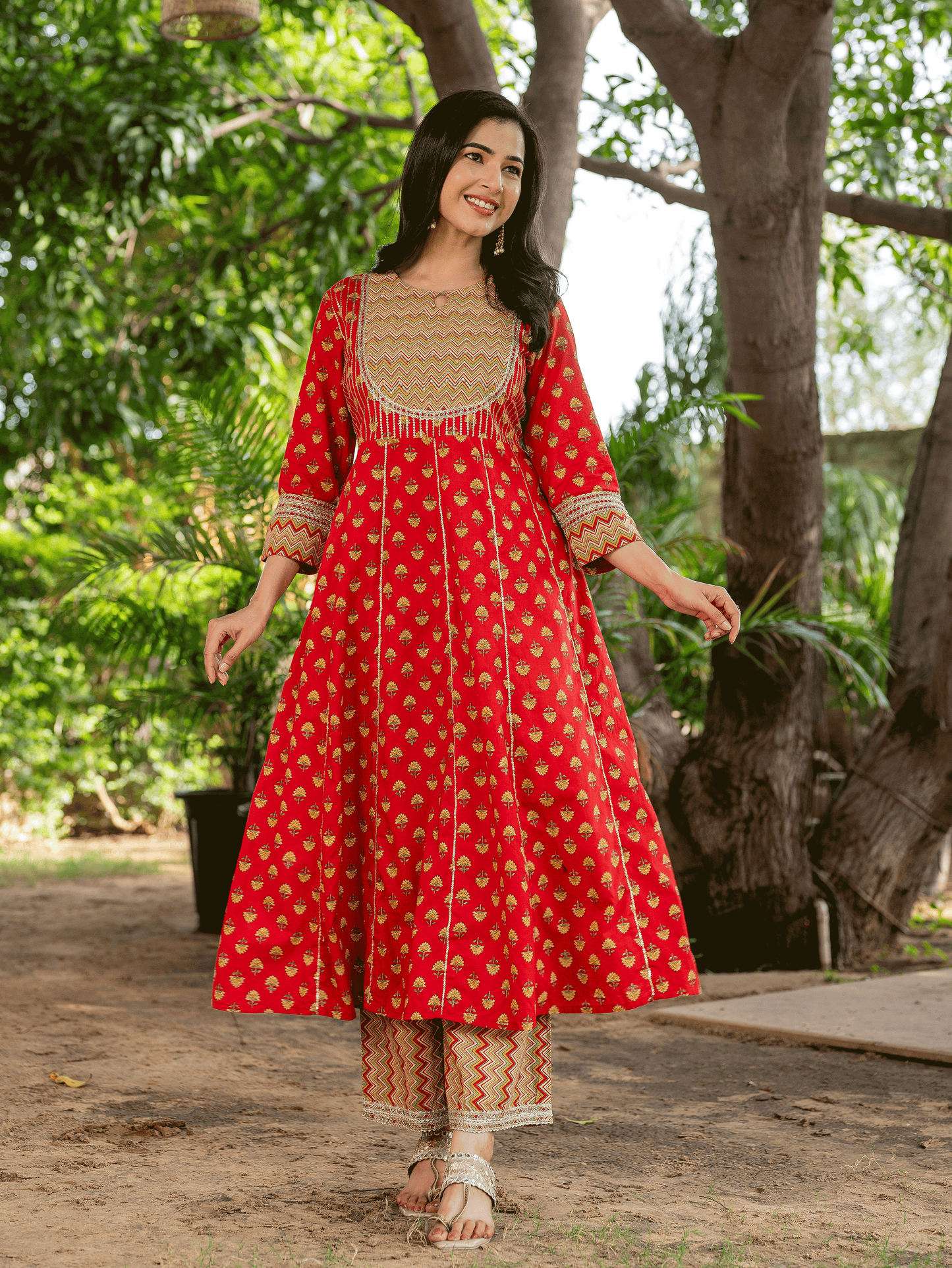 Embroidered Soft Cotton Butti Anarkali Red Kurta