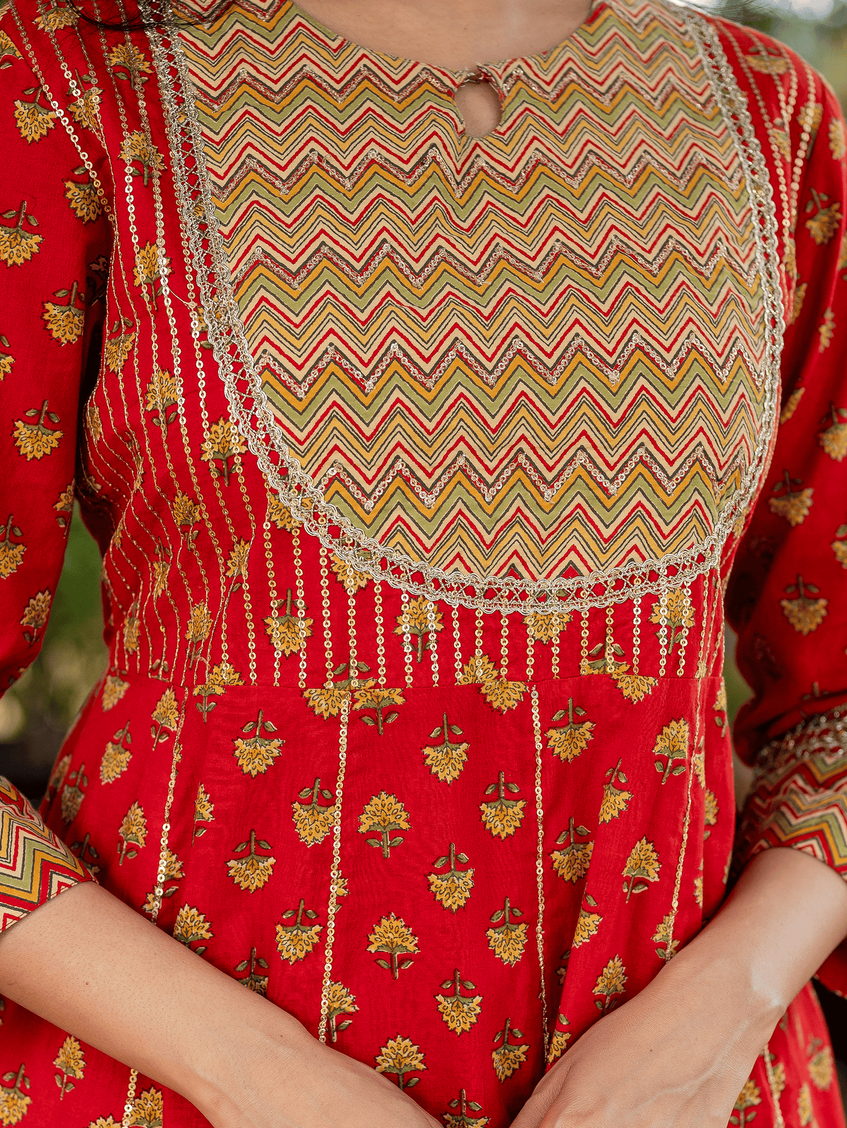 Embroidered Soft Cotton Butti Anarkali Red Kurta