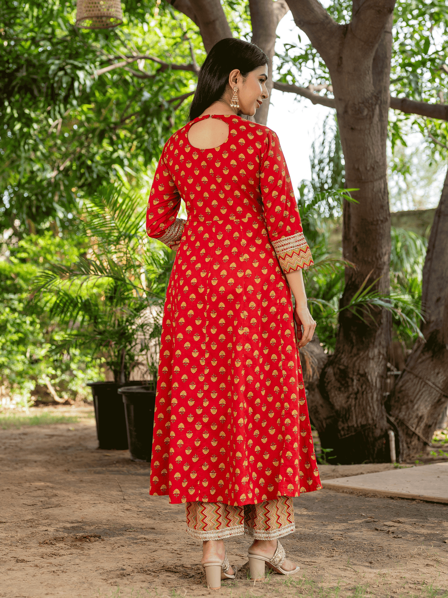 Embroidered Soft Cotton Butti Anarkali Red Kurta