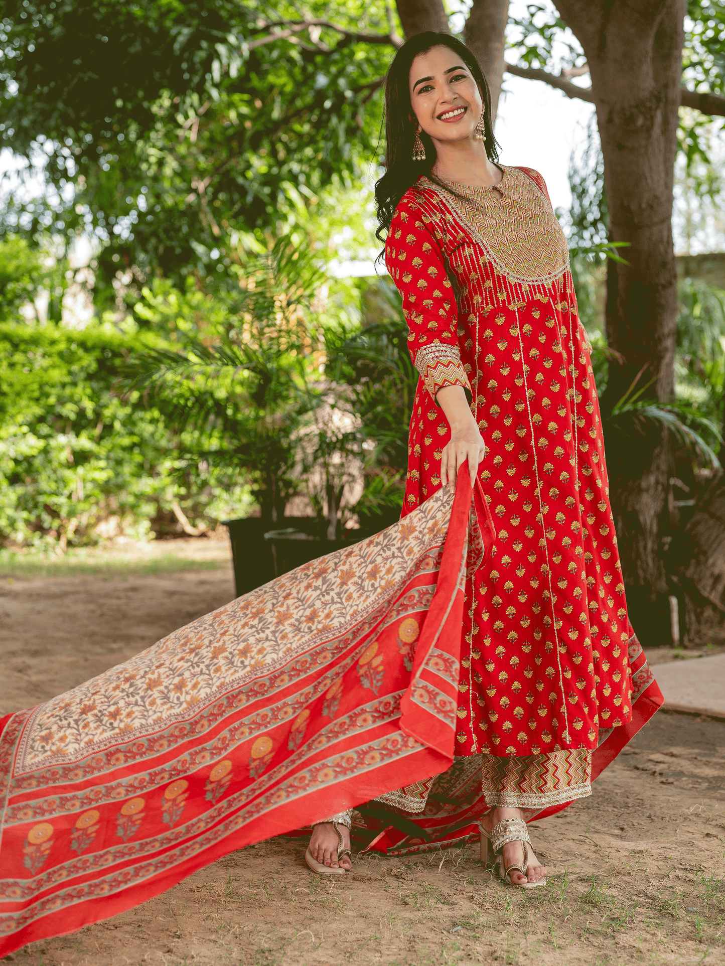 Embroidered Soft Cotton Butti Anarkali Red Kurta