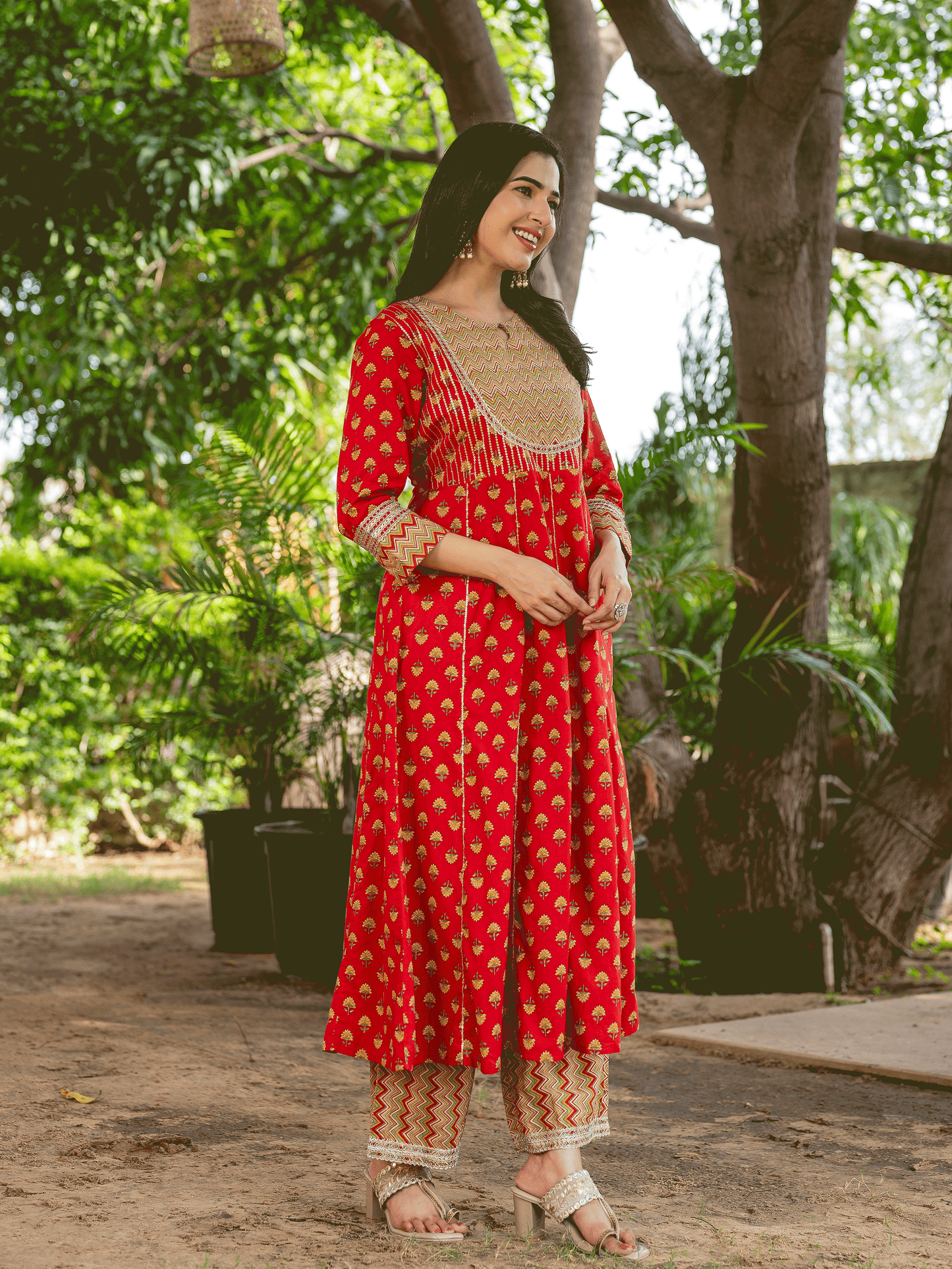 Embroidered Soft Cotton Butti Anarkali Red Kurta