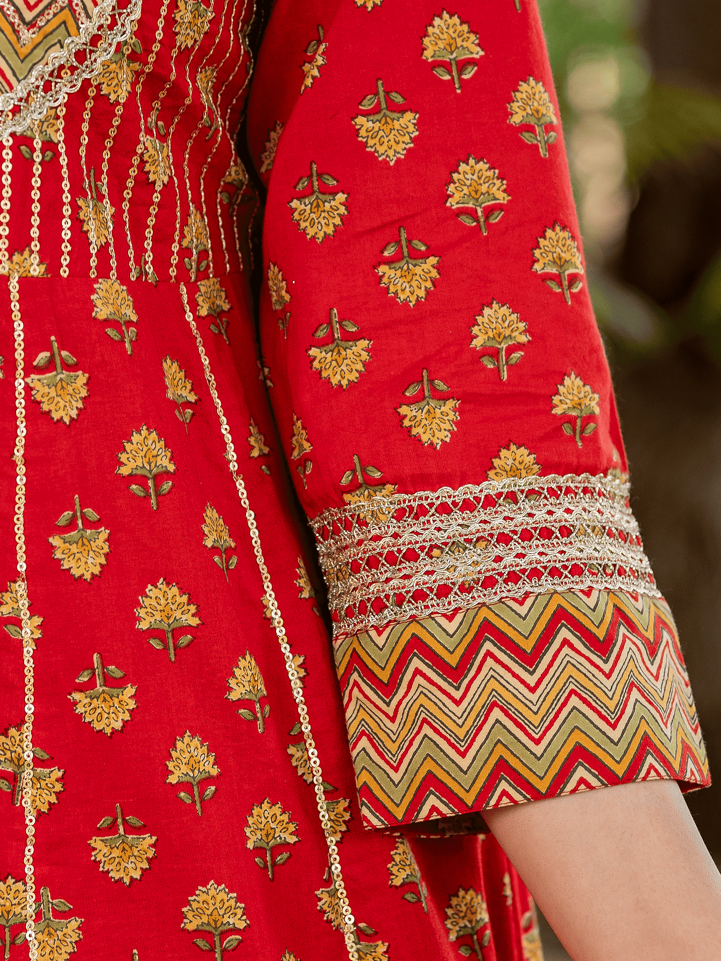 Embroidered Soft Cotton Butti Anarkali Red Kurta