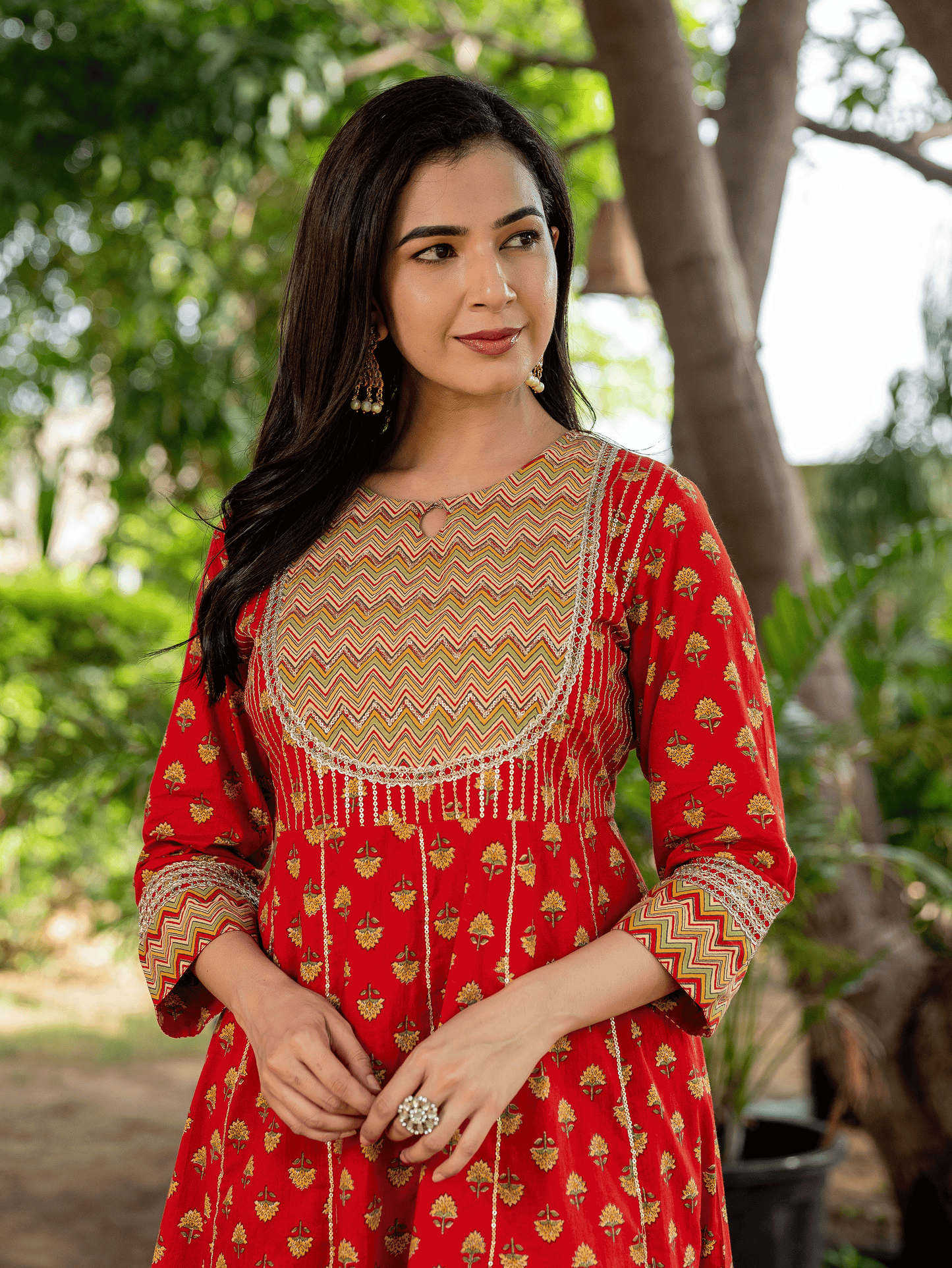 Embroidered Soft Cotton Butti Anarkali Red Kurta