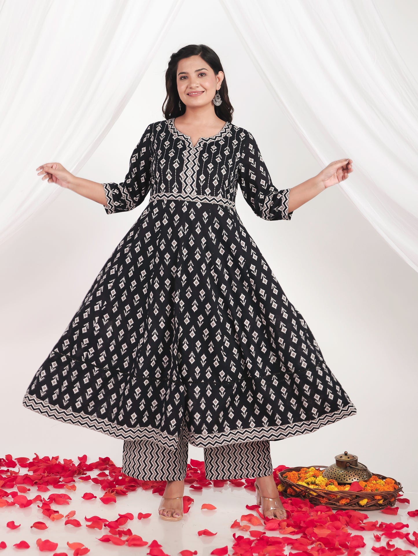 Embroidered Soft Cotton Ikat Anarkali Black Kurta
