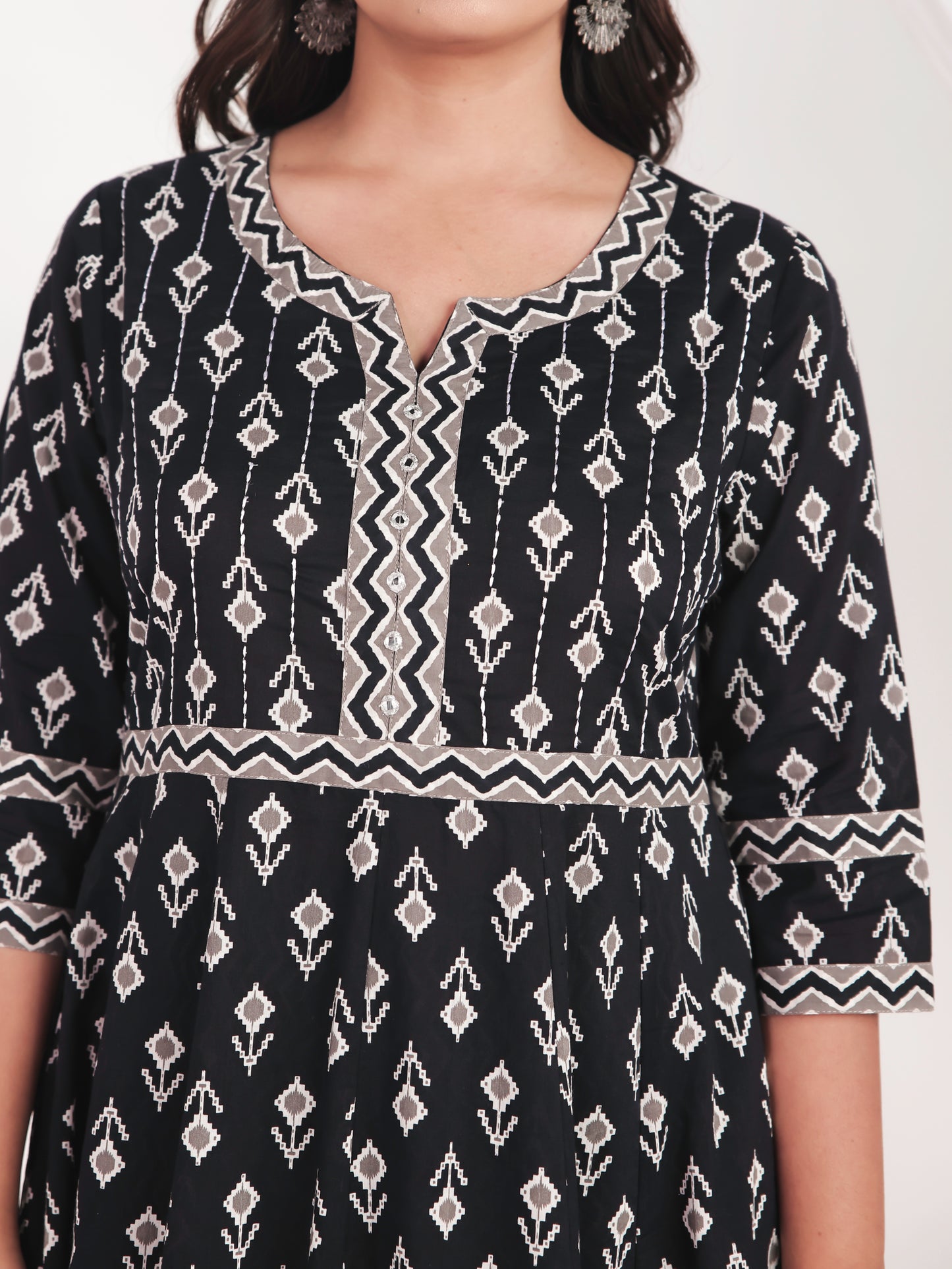 Embroidered Soft Cotton Ikat Anarkali Black Kurta