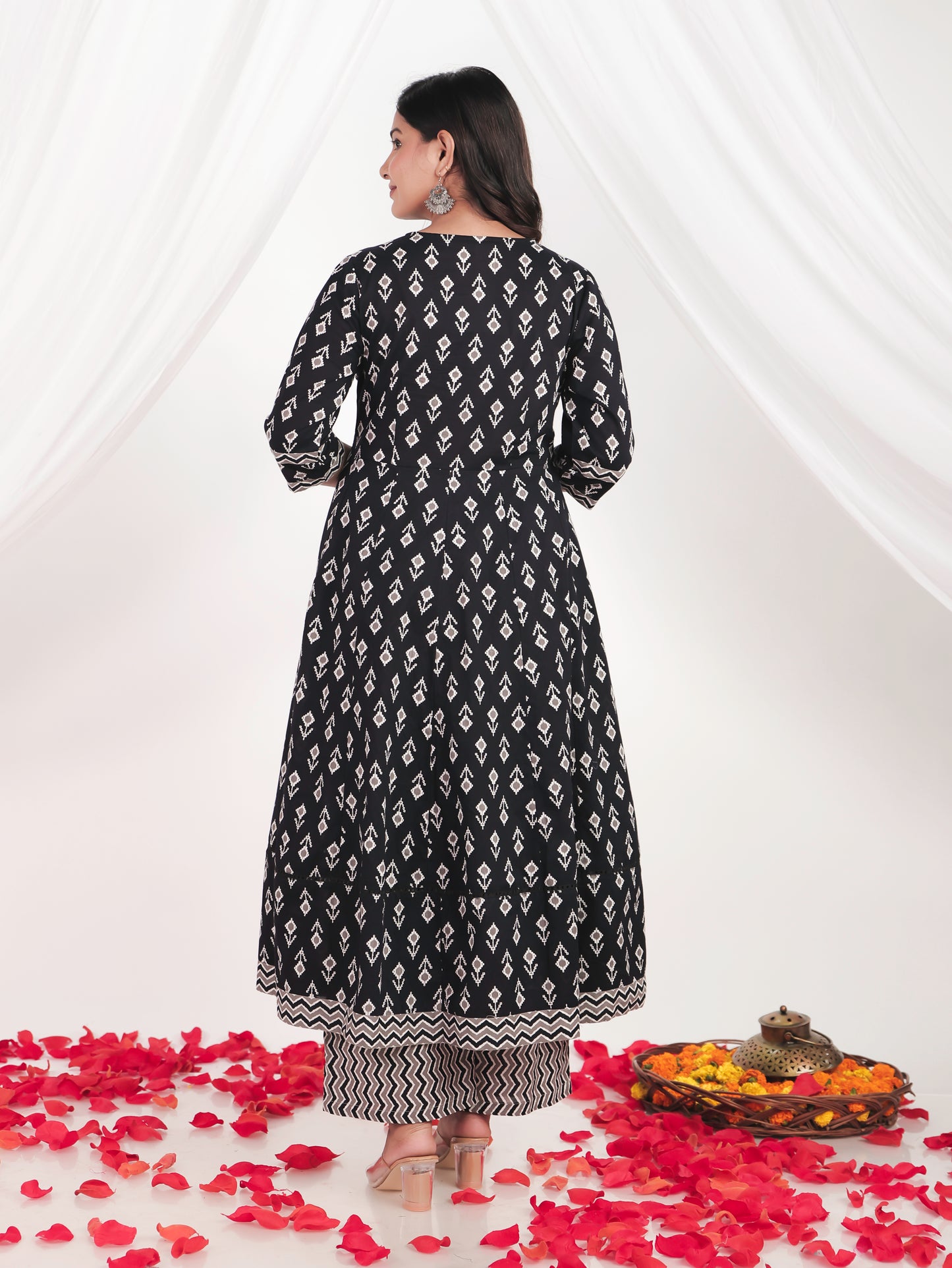 Embroidered Soft Cotton Ikat Anarkali Black Kurta