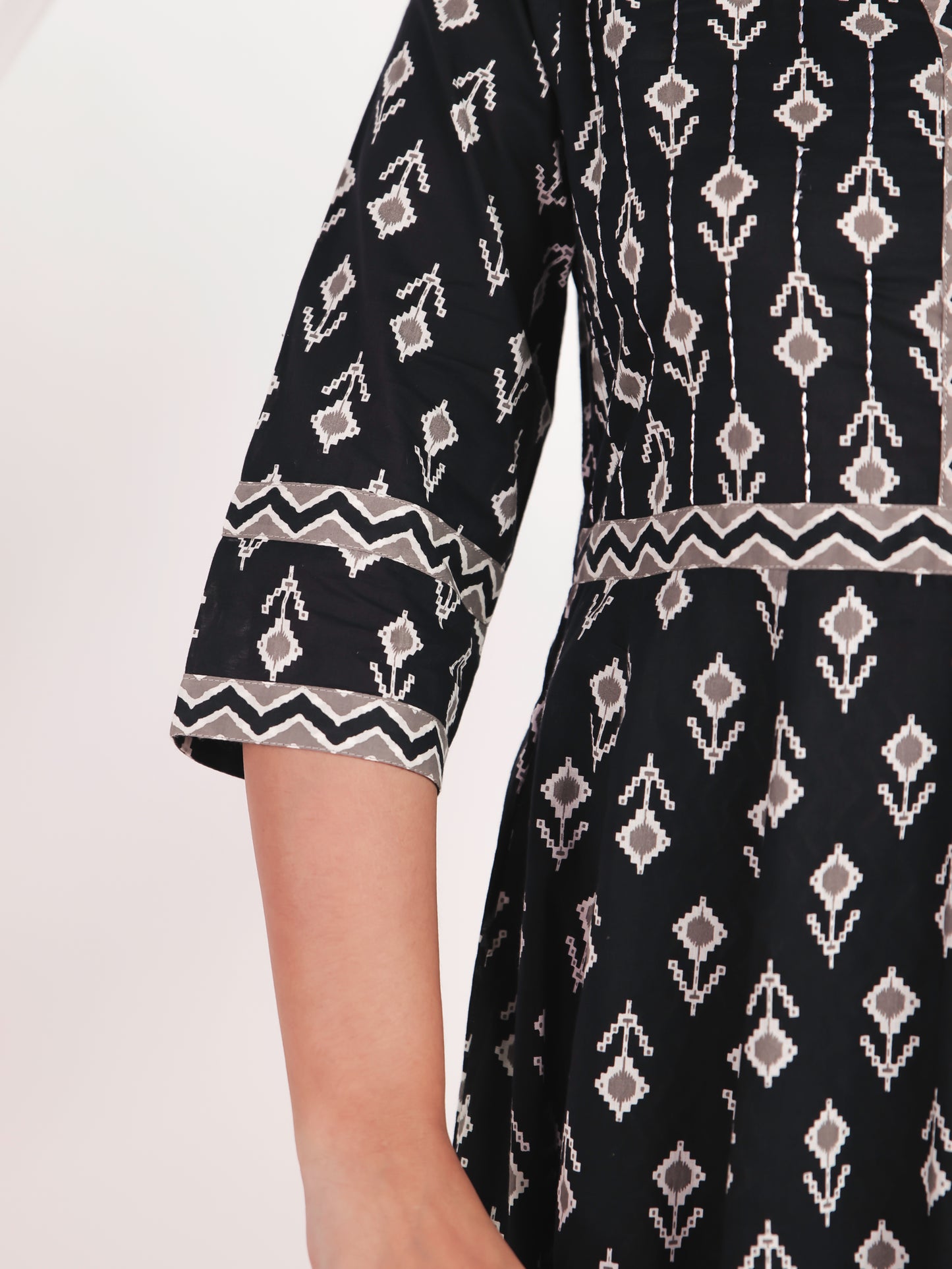 Embroidered Soft Cotton Ikat Anarkali Black Kurta